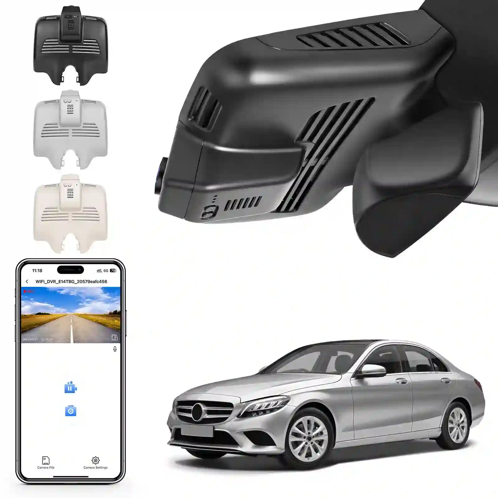 Car dashboard camera with smartphone app and car model on a white background