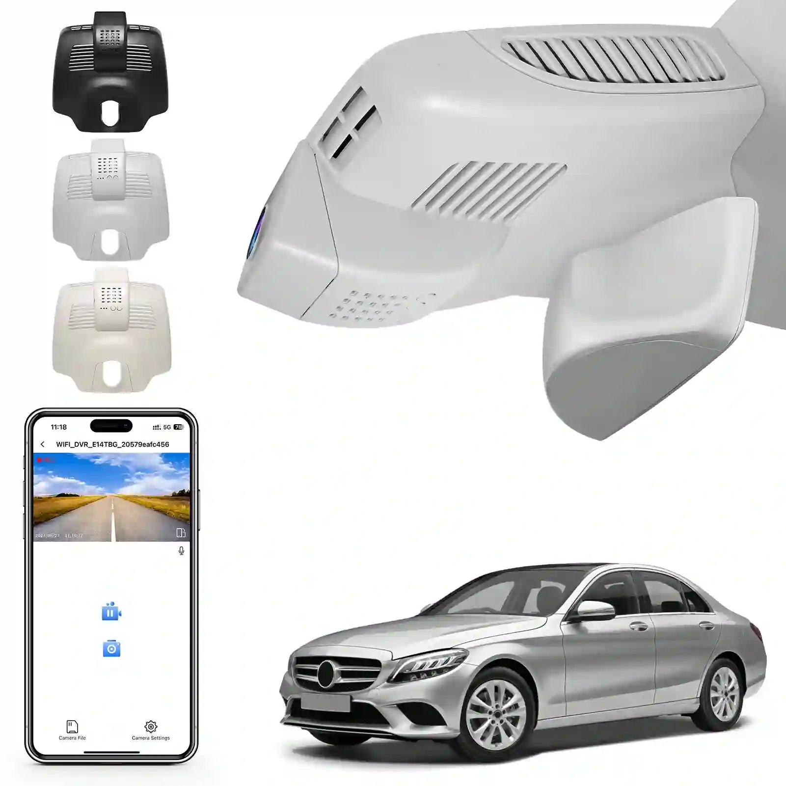 Car dashboard camera system with smartphone app and car model on a white background