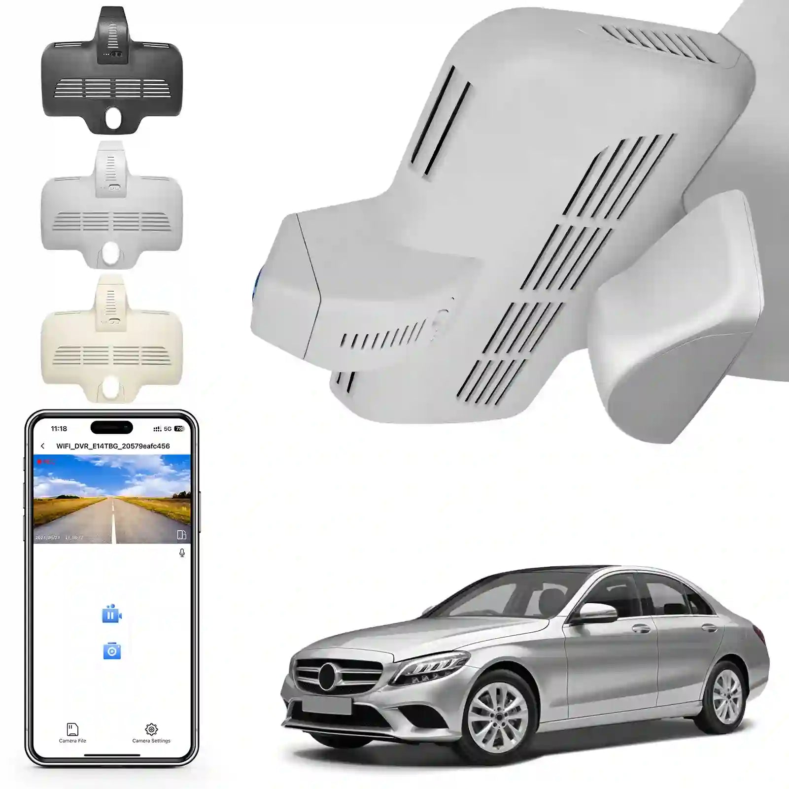 Car dashboard camera with smartphone app and car model on a white background