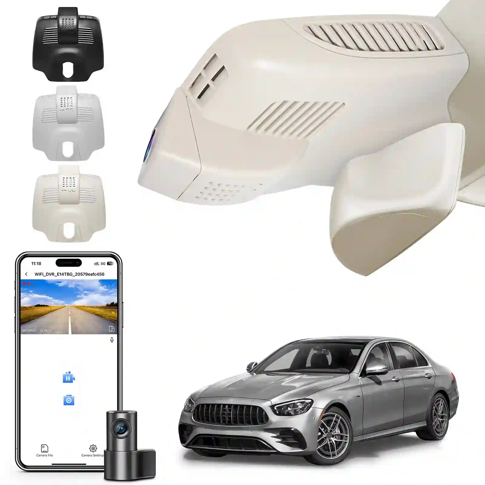 Front 4K and Rear 1080p Dash Cam for Mercedes-Benz E-Class W213 Gen5 E-Class 2017-2023 & E53 E63 AMG 2018-2024(Model B Beige), OEM Look, WiFi & APP, Loop Recording, G-Sensor, GPS, 128GB Card