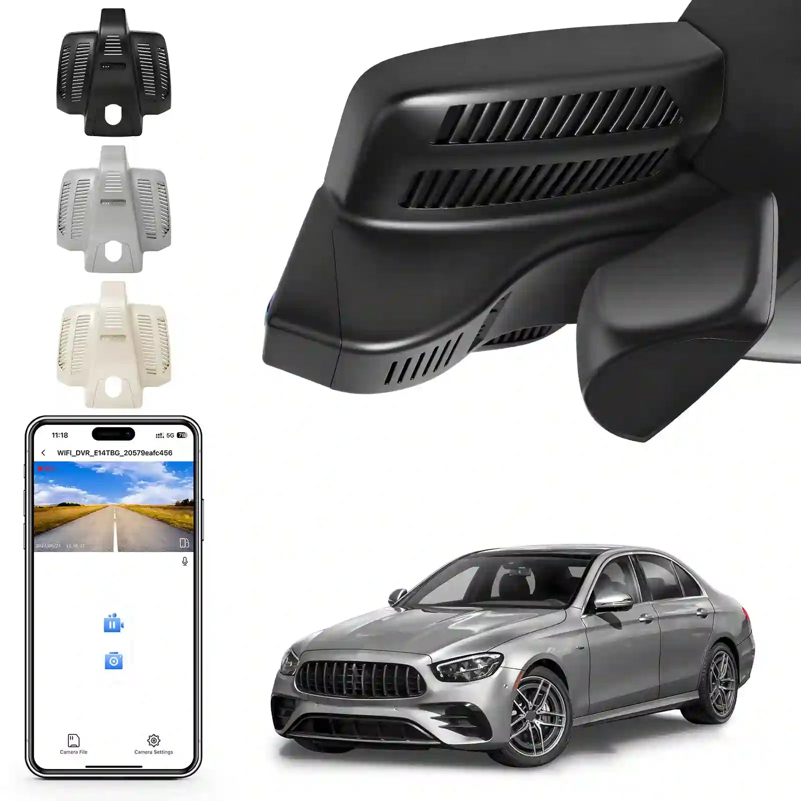 Car side mirror with additional camera components and a smartphone displaying an app interface.