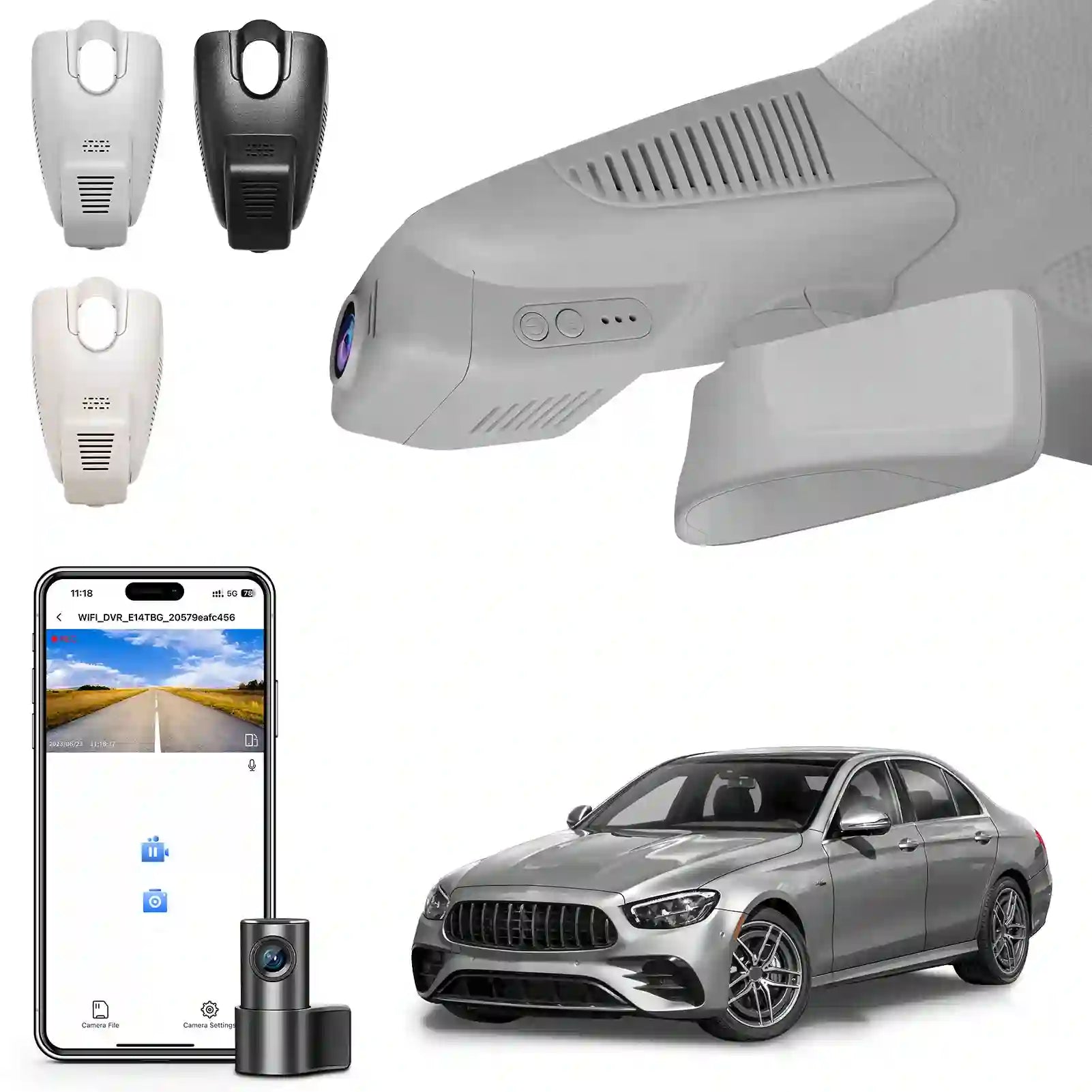 Front 4K and Rear 1080p Dash Cam for Mercedes-Benz E-Class W213 Gen5 E-Class 2017-2023 & E53 E63 AMG 2018-2024(Model A Gray), OEM Look, WiFi & APP, Loop Recording, G-Sensor, GPS, 128GB Card