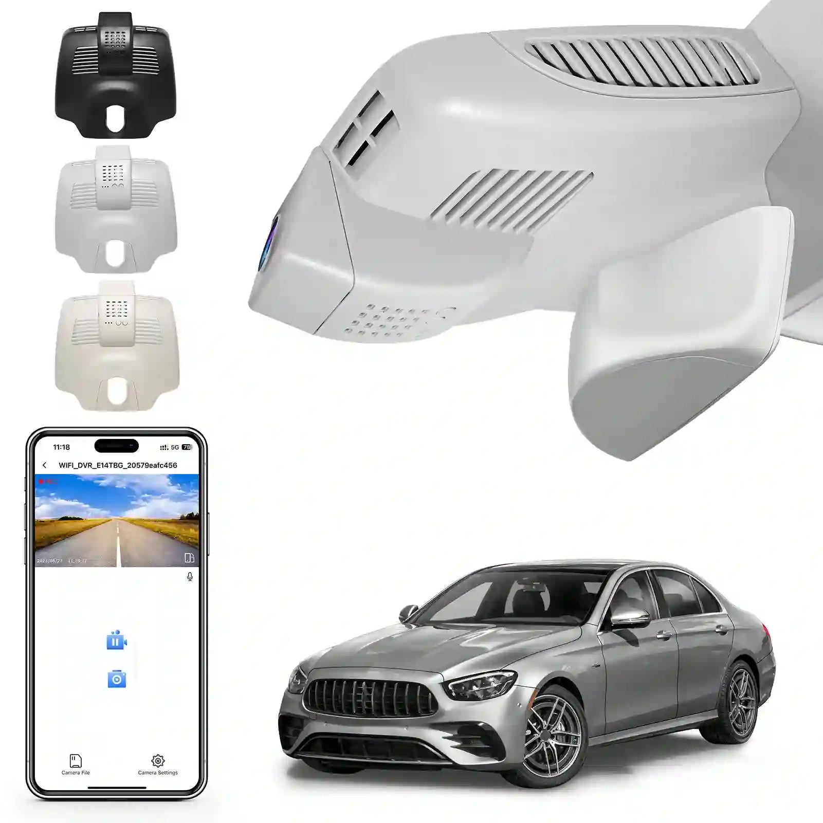 Car dashboard camera system with smartphone app and car model on a white background