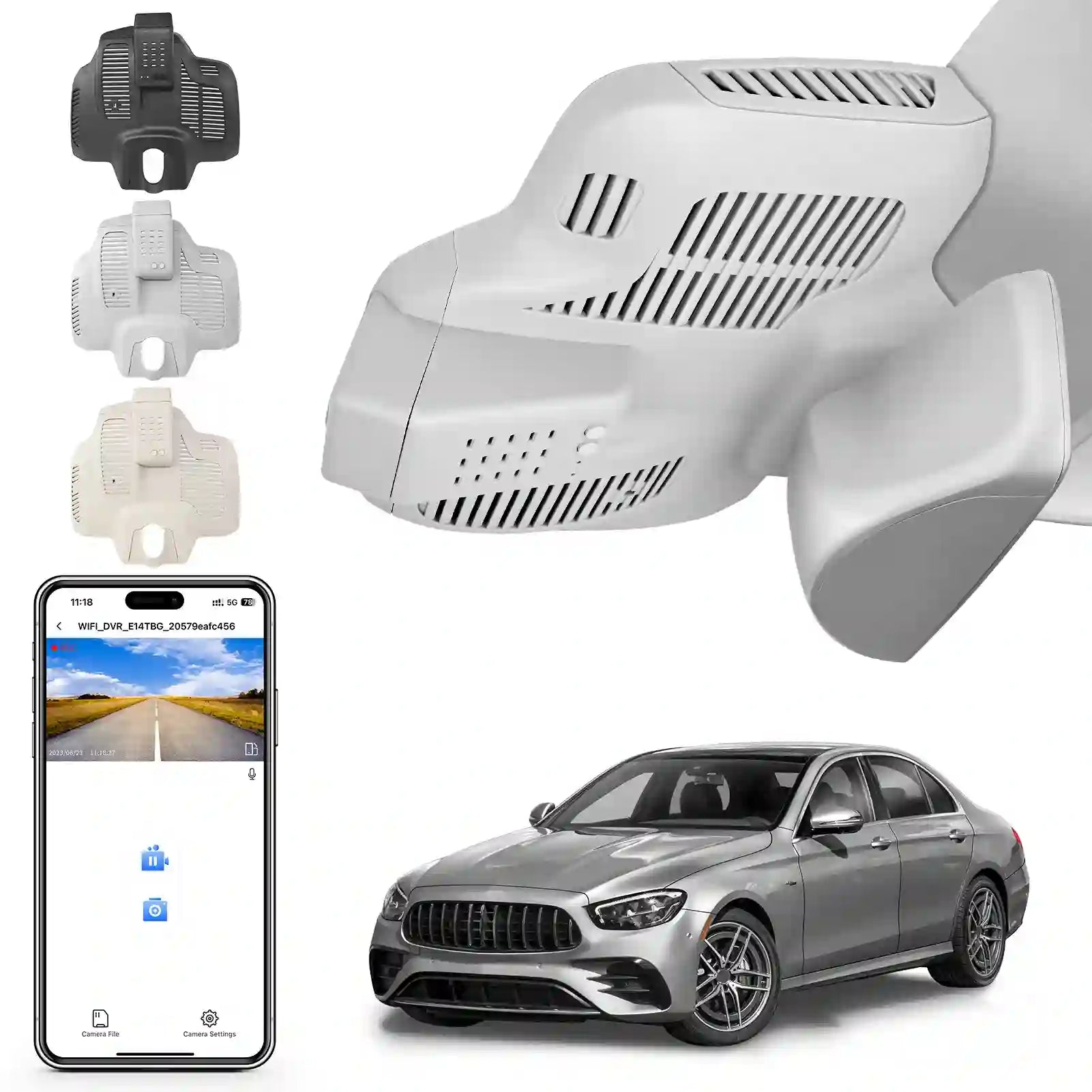 Car dashboard camera, mounting brackets, smartphone app, and car camer