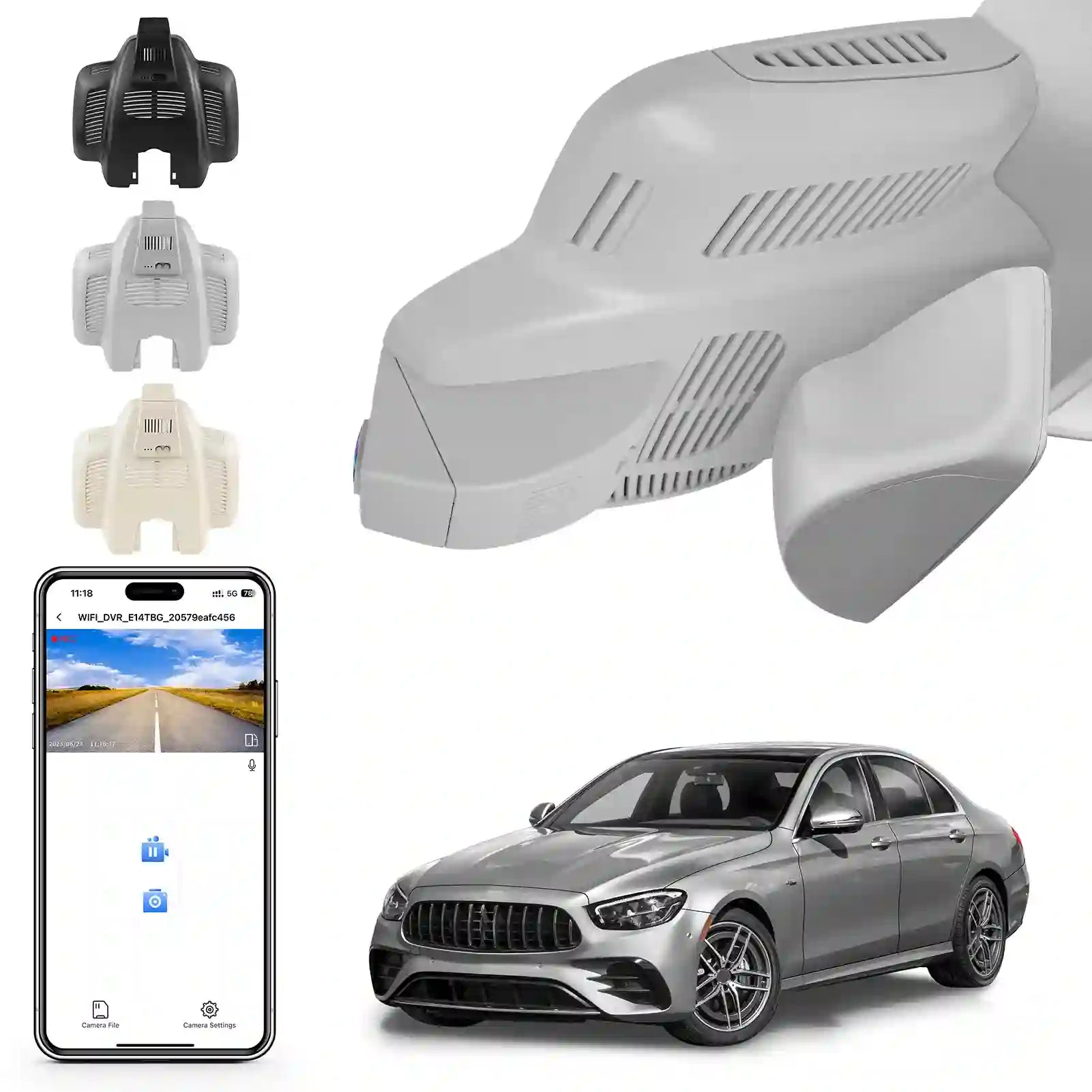 Car air freshener system with car, phone, and air freshener parts on a white background