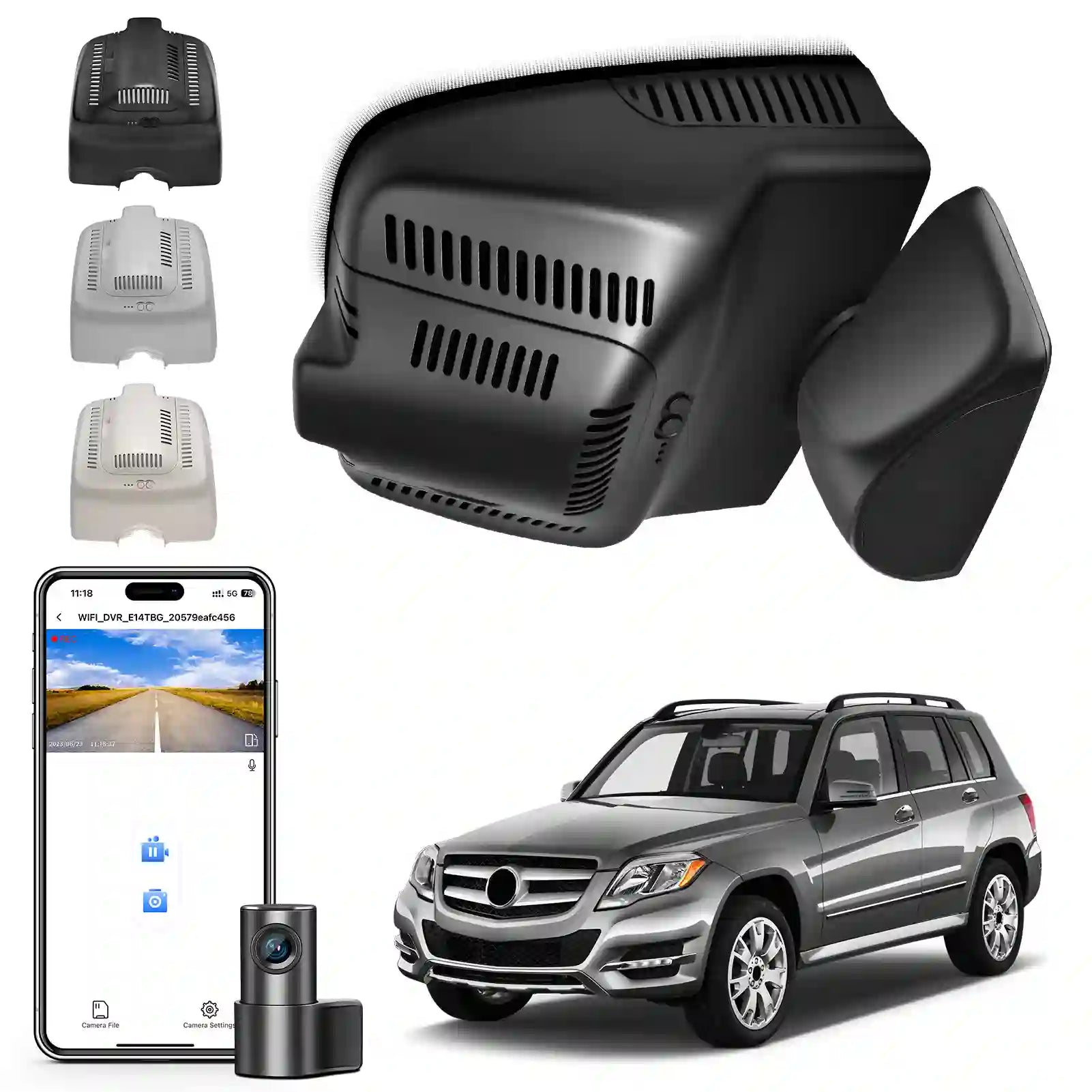 Mercedez benz model B two channel Car dashboard camera system with smartphone app and Mercedes-Benz GLK350 car on a white background