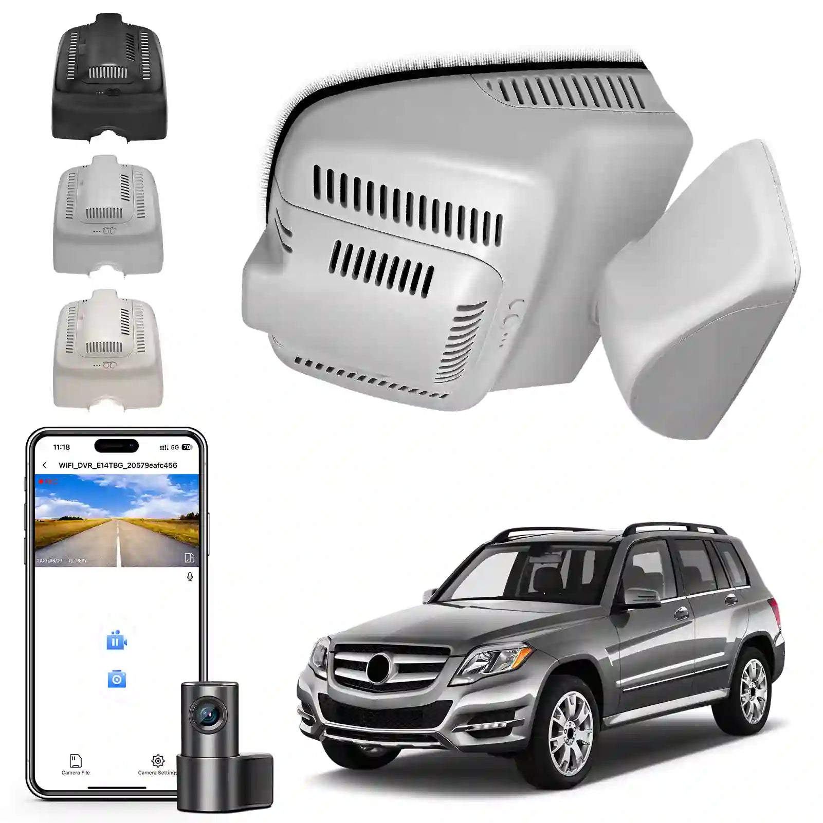 Mercedez benz two channel Car camera system with smartphone app, car, and various camera parts of oem style dash camera