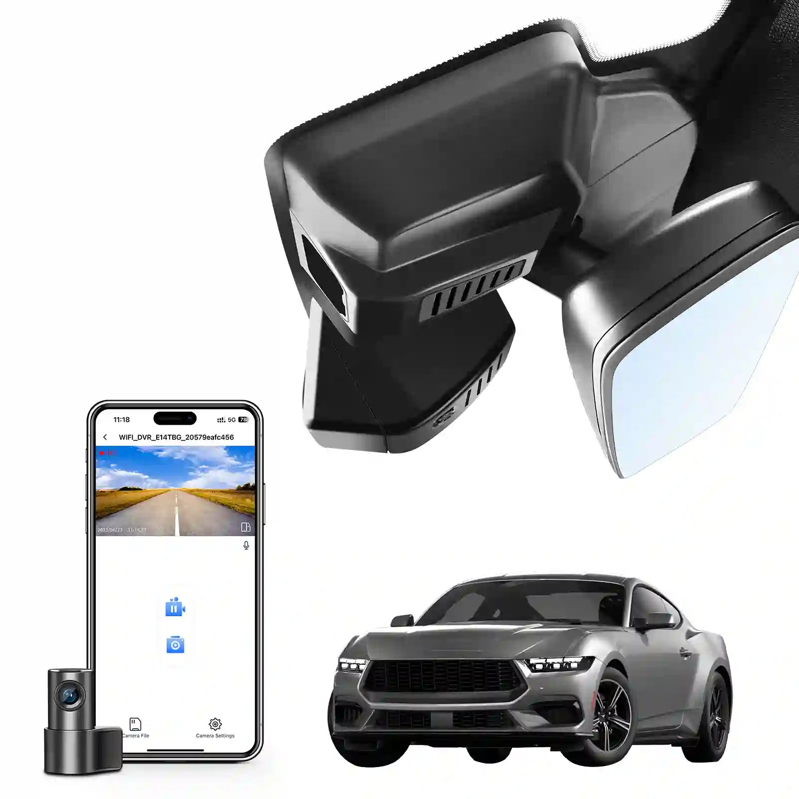 Car mirror with built-in camera, smartphone displaying camera feed, and a car in the background. Mustang Model-C dash camera