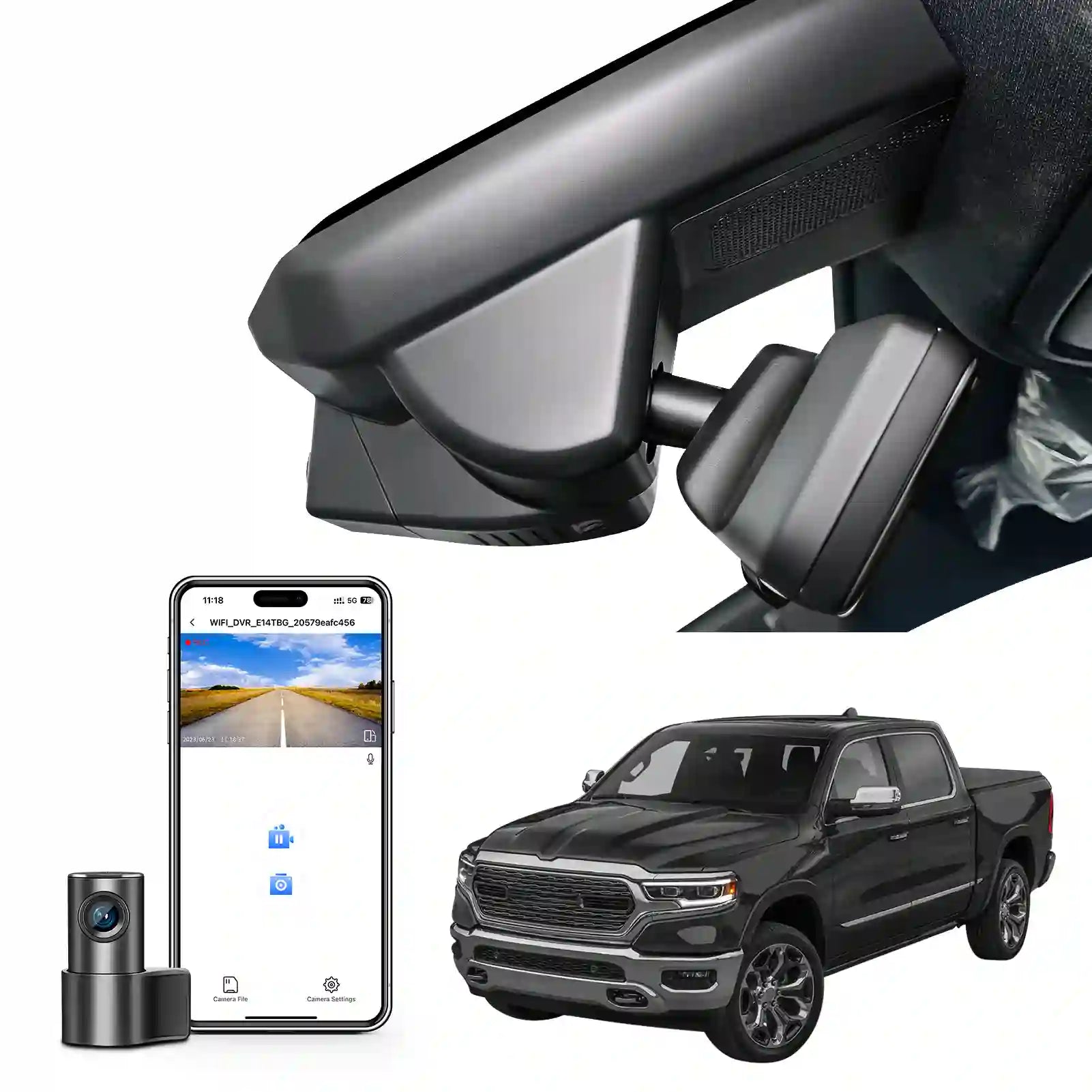 RAM Truck Car rearview mirror with smartphone displaying app interface, camera, and black RAM truck