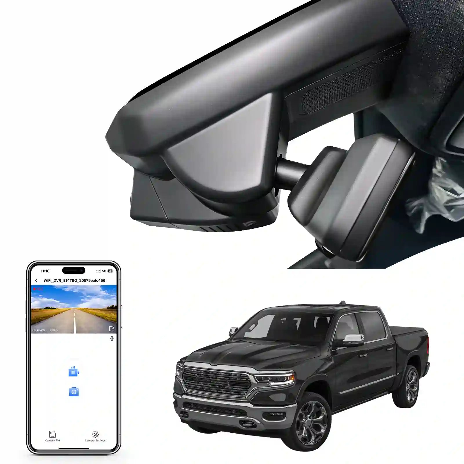 RAM Truck interior with side mirror, smartphone displaying camera app, and black ram truck