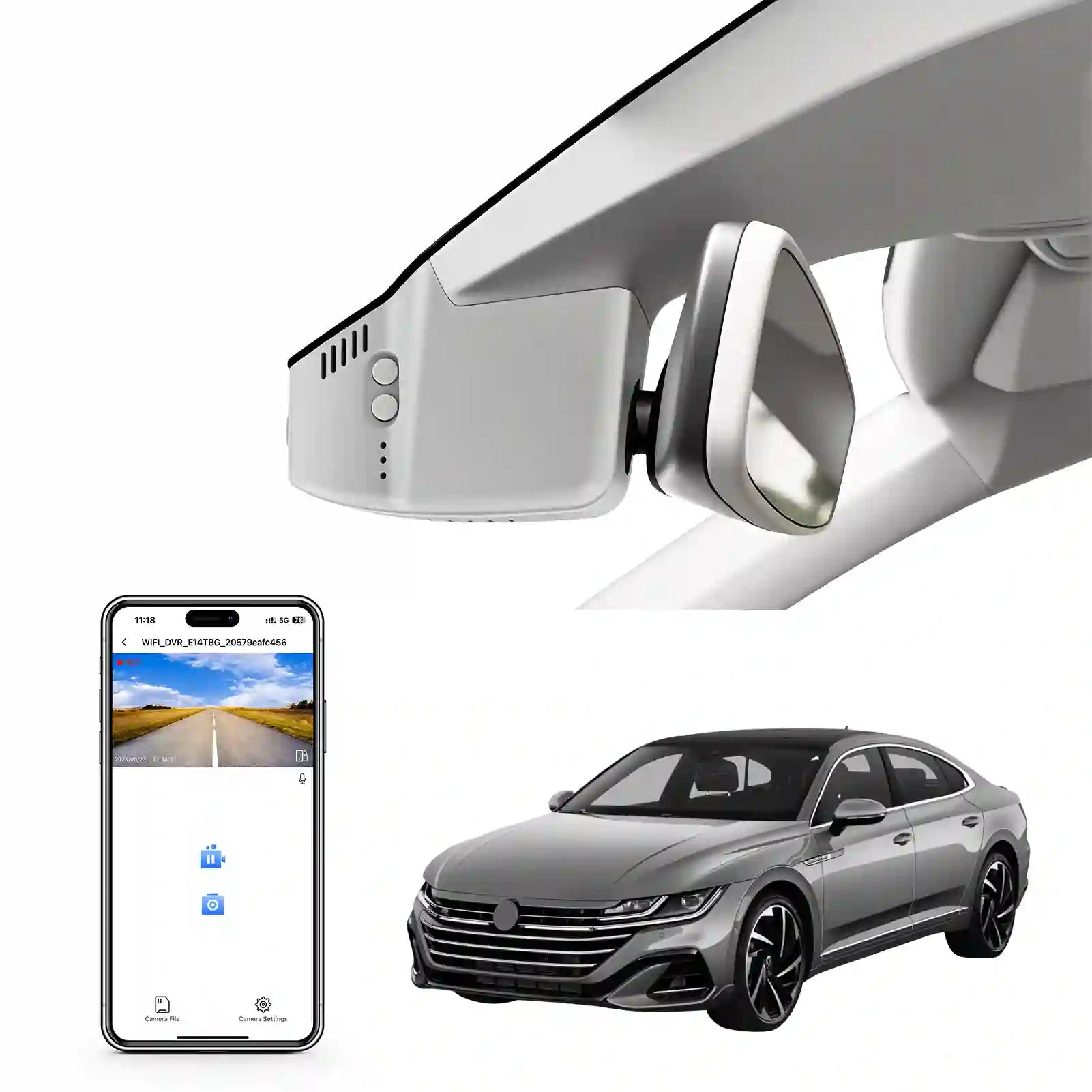 volkswagen Arteon model B Gray Car rearview mirror with smartphone app interface and car model