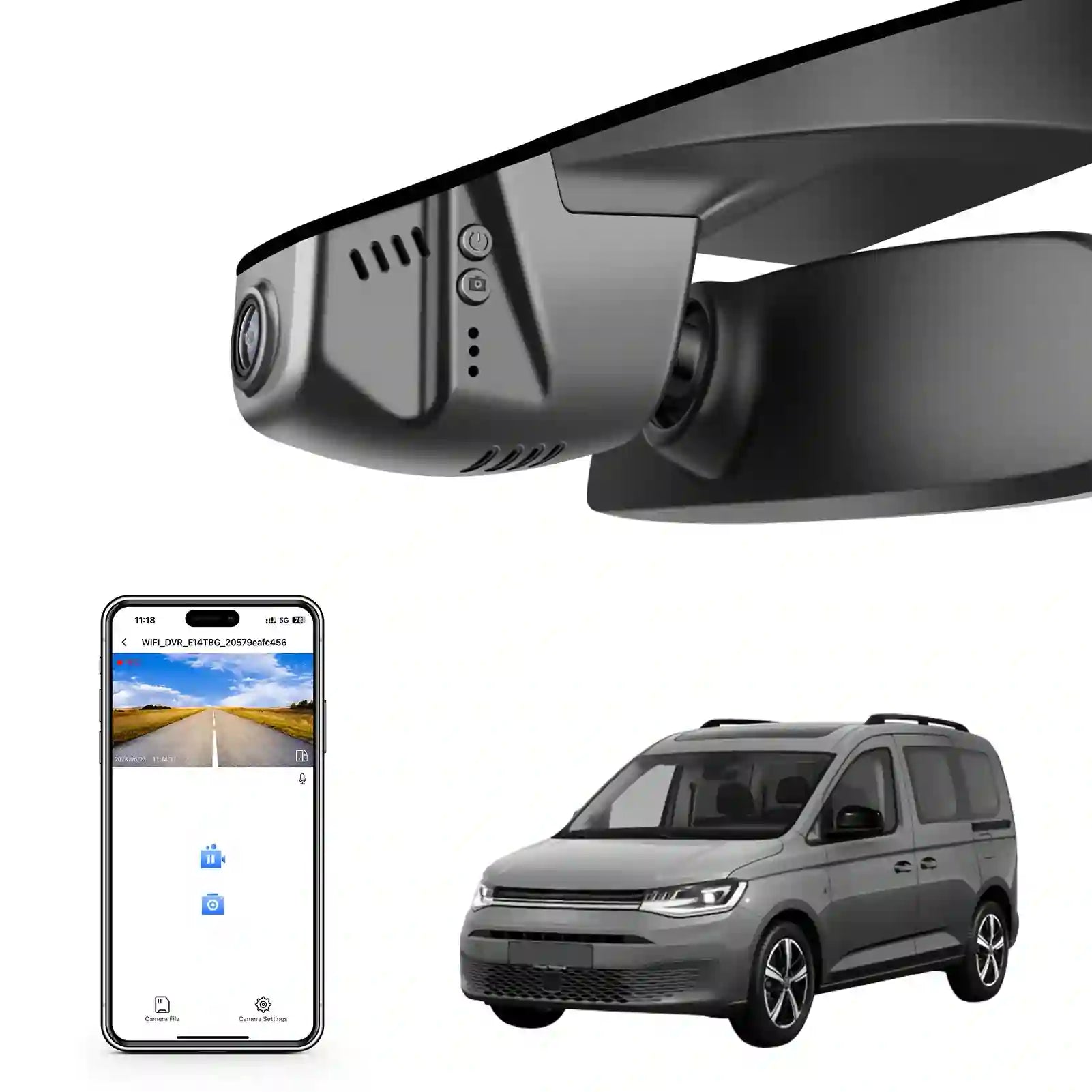 4K Dash Cam Custom fit for VW Caddy 2016-2026 (Model B Black), Startline Trendline Highline Life Commerce, OEM Look, UHD 2160P Video, App & WiFi, Loop Recording, 64GB Card