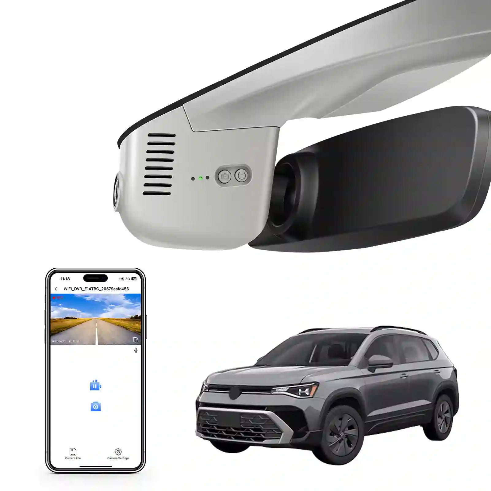 Car rearview mirror with built-in camera, smartphone displaying camera feed, Volkswagen Taos SUV dash camera installation