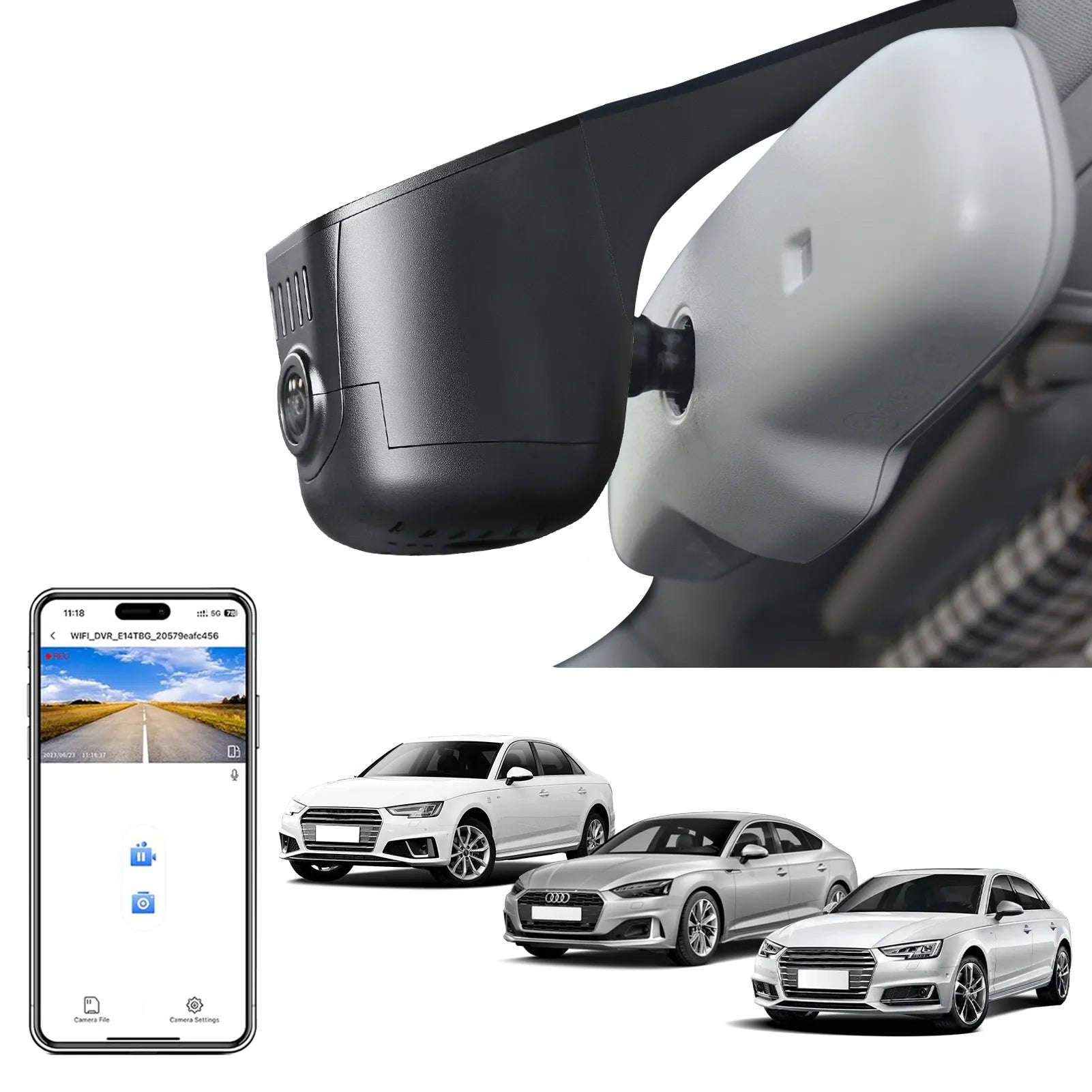 4K Dash Cam Custom fit for Audi (Model C Black), Integrated OEM Look, UHD 2160P Video, G-Sensor, Loop Recording, WiFi and Free App, 64GB Card