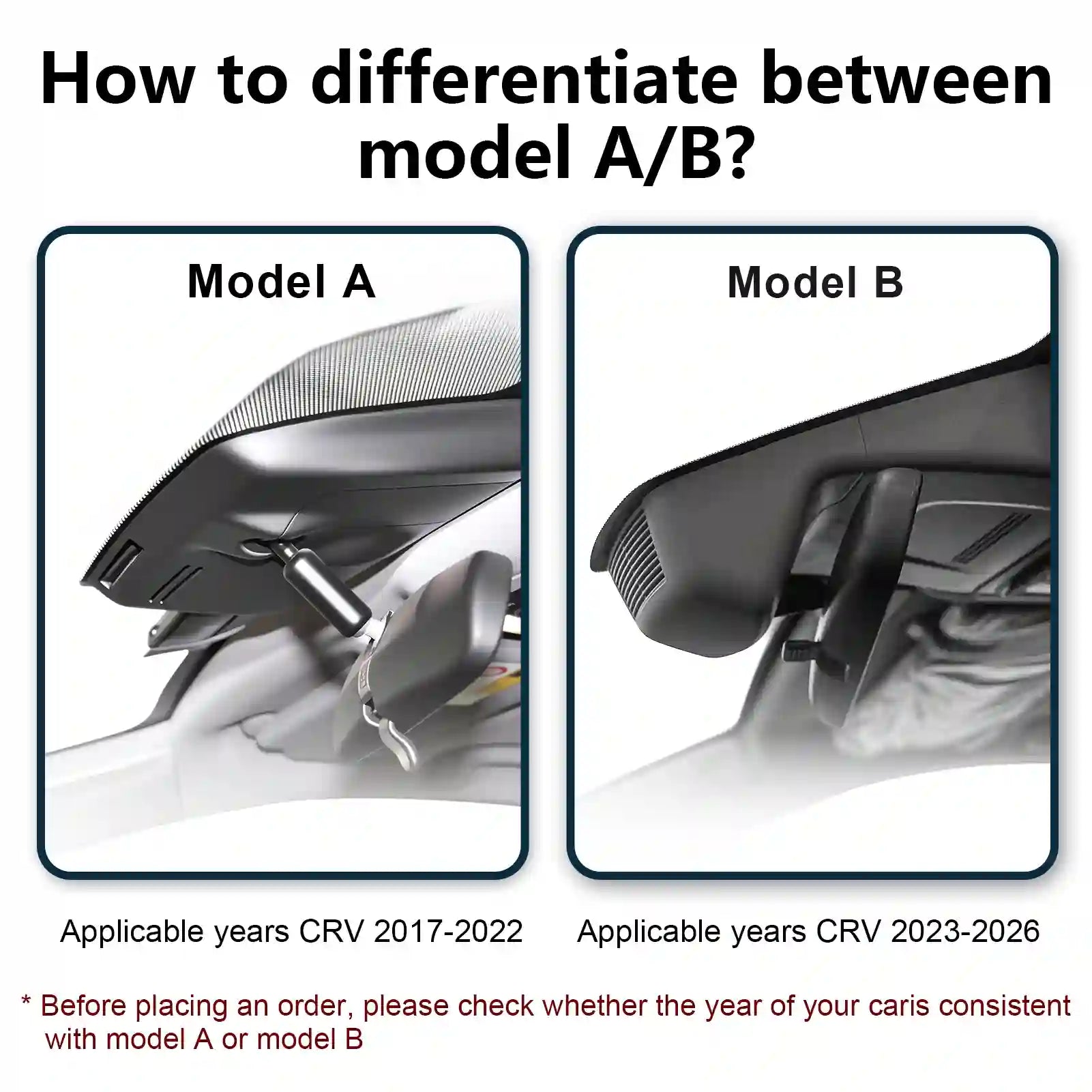 Comparison of car models A and B with text on how to differentiate in between honda CRV model A and B dash camera by mangoaltech dash camera.
