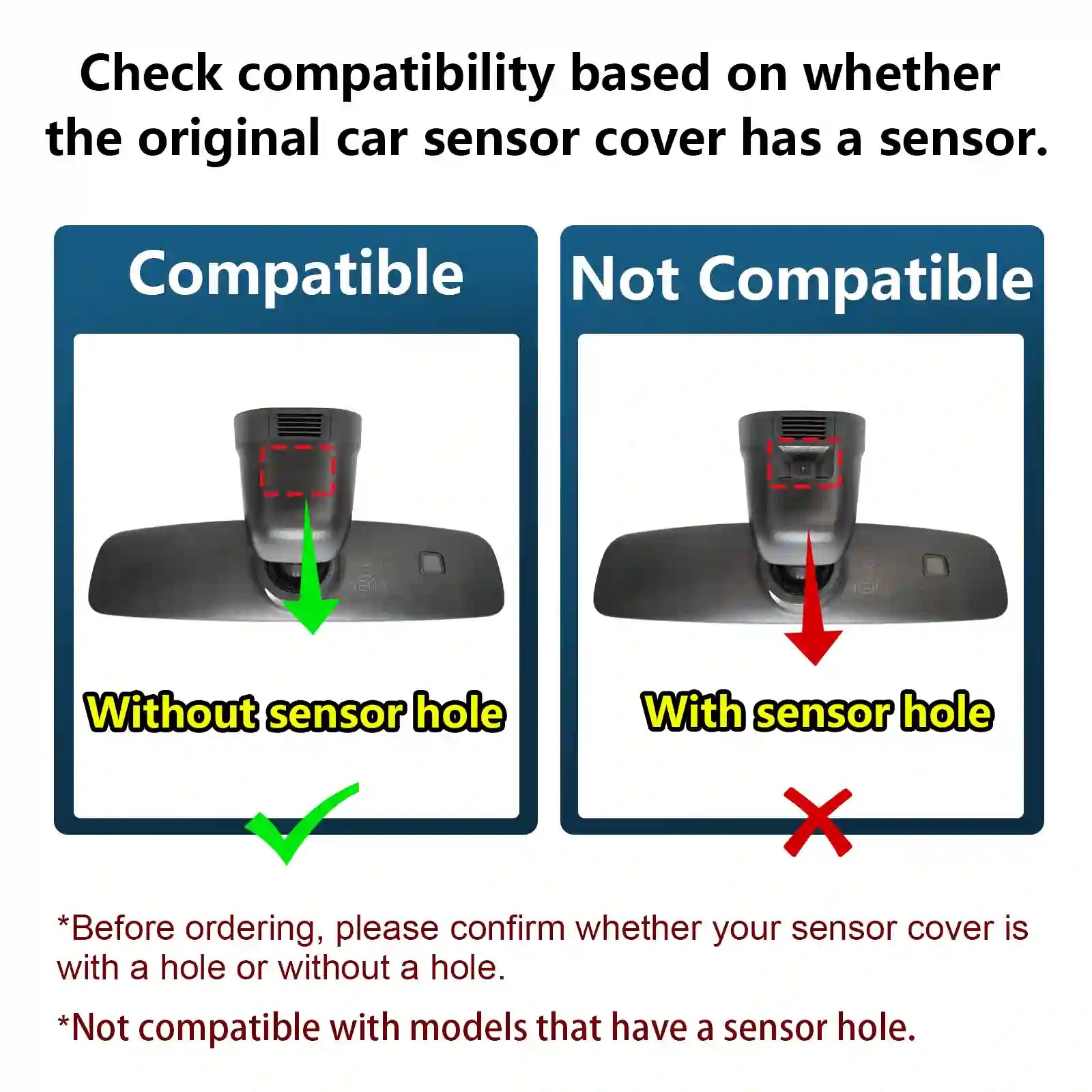 Compatibility chart for car sensor covers with and without a sensor hole.