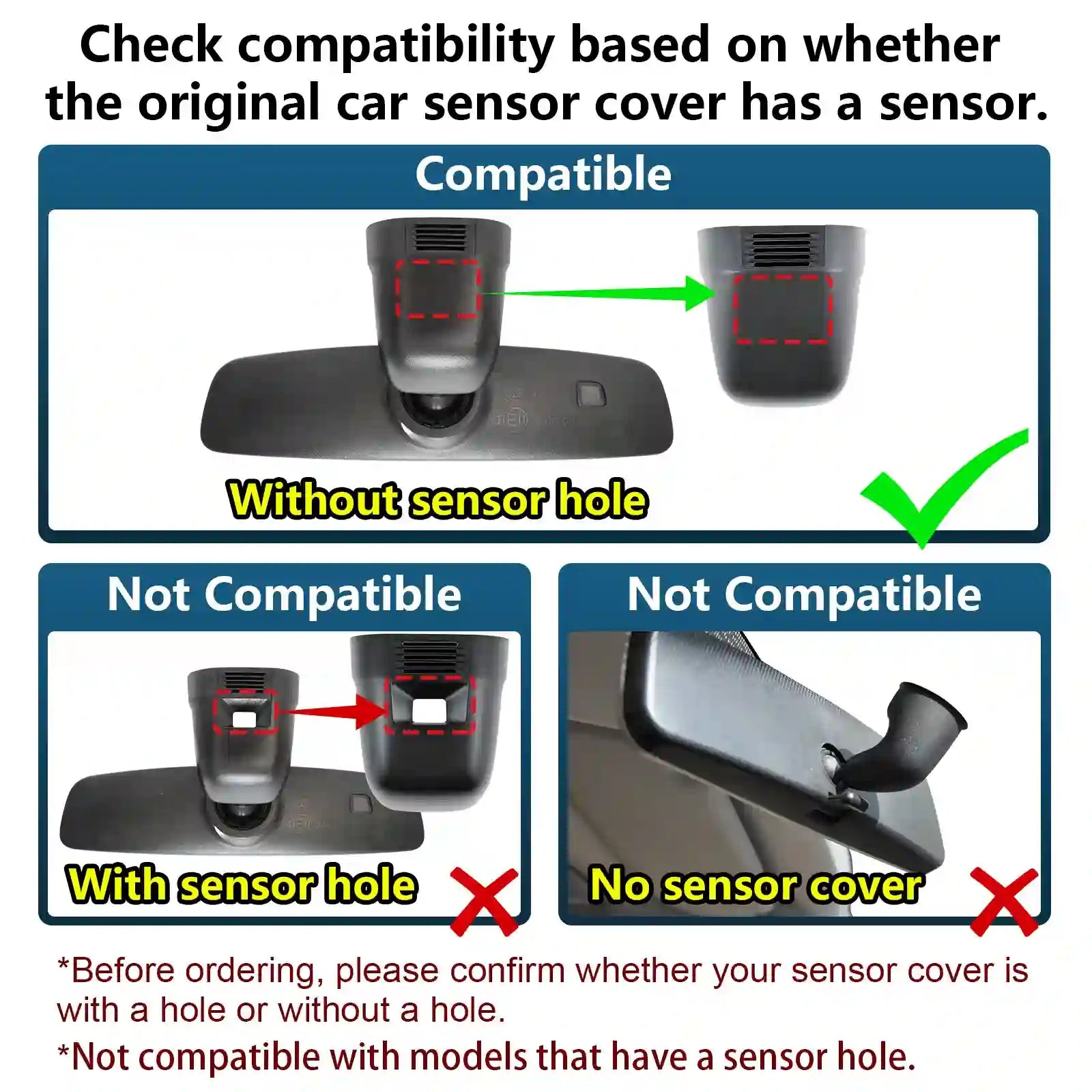 Compatibility chart for car sensor covers with and without a sensor hole.