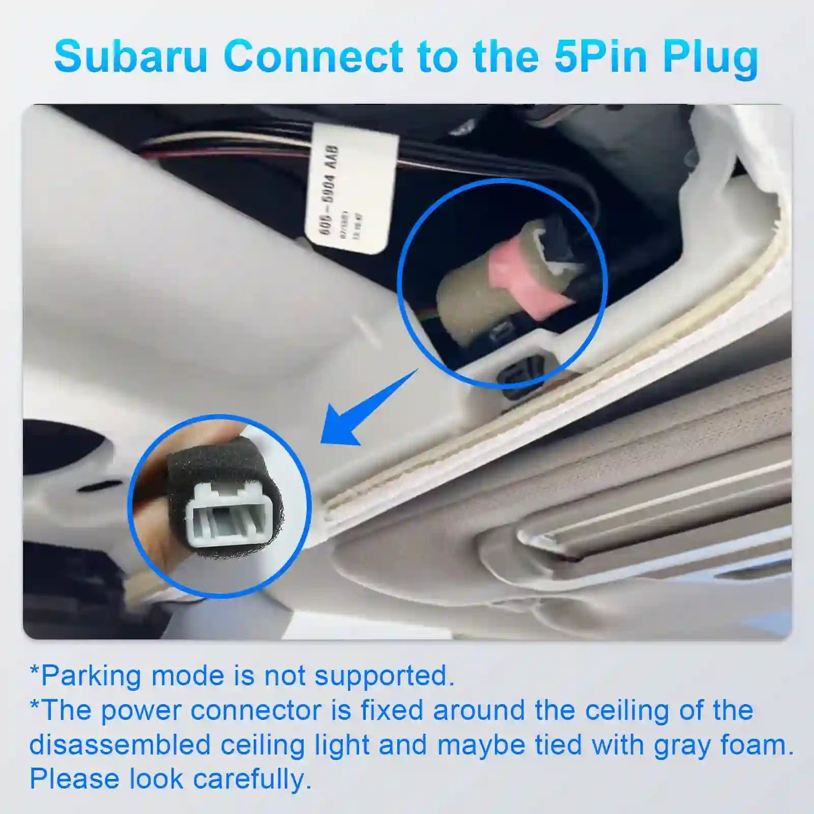Car interior with Subaru Connect to the 5Pin Plug illustration and text.   For mangoal tech dash camera
