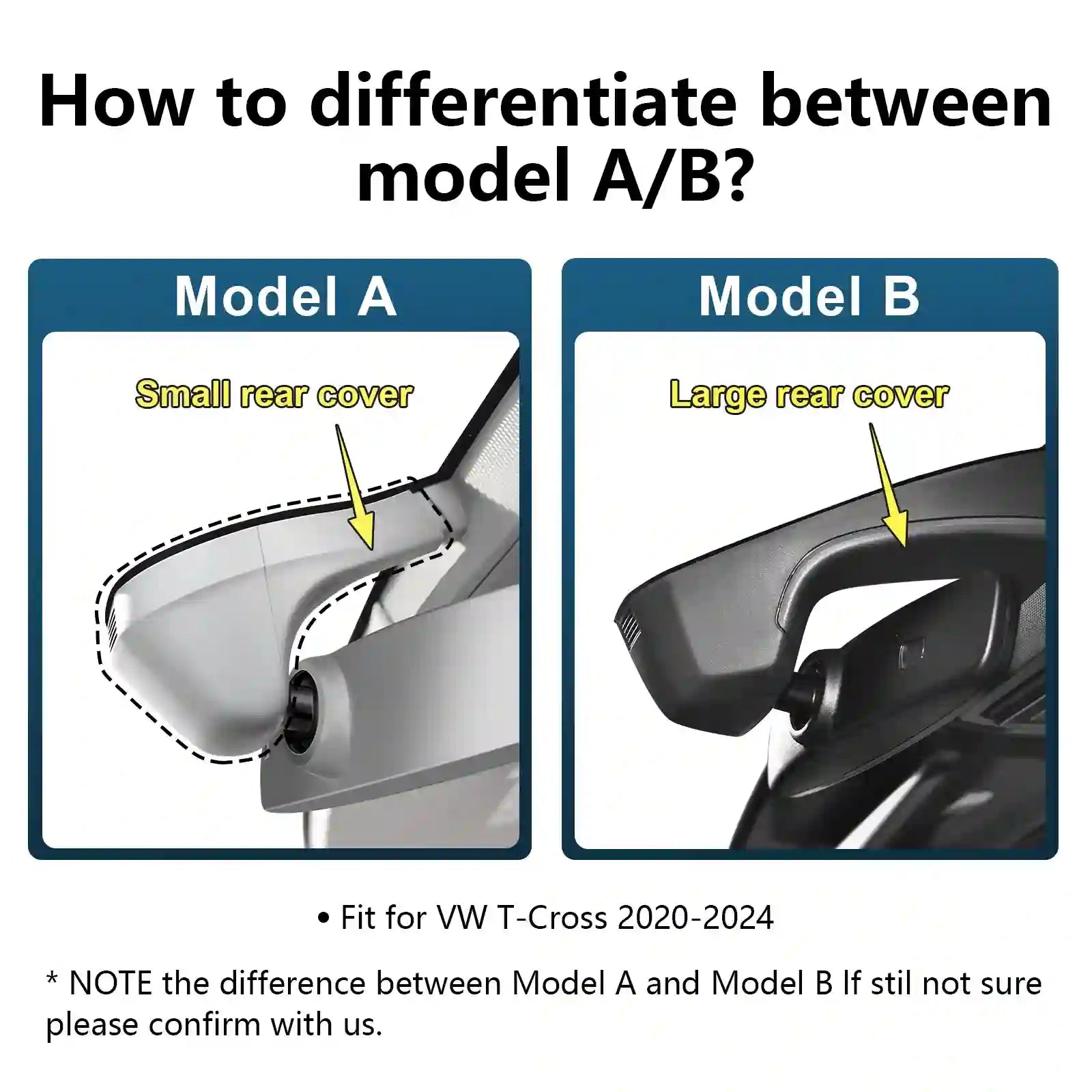 Comparison of Model A and Model B rear covers for VW T-Cross 2020-2024 with text on how to differentiate between them.
