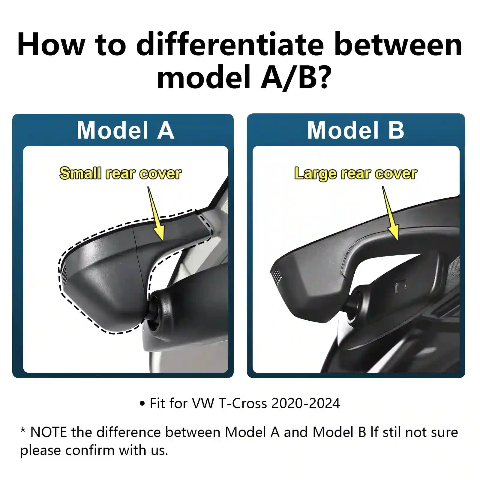 Comparison of Model A and Model B with labeled differences for VW T-Cross 2020-2024.