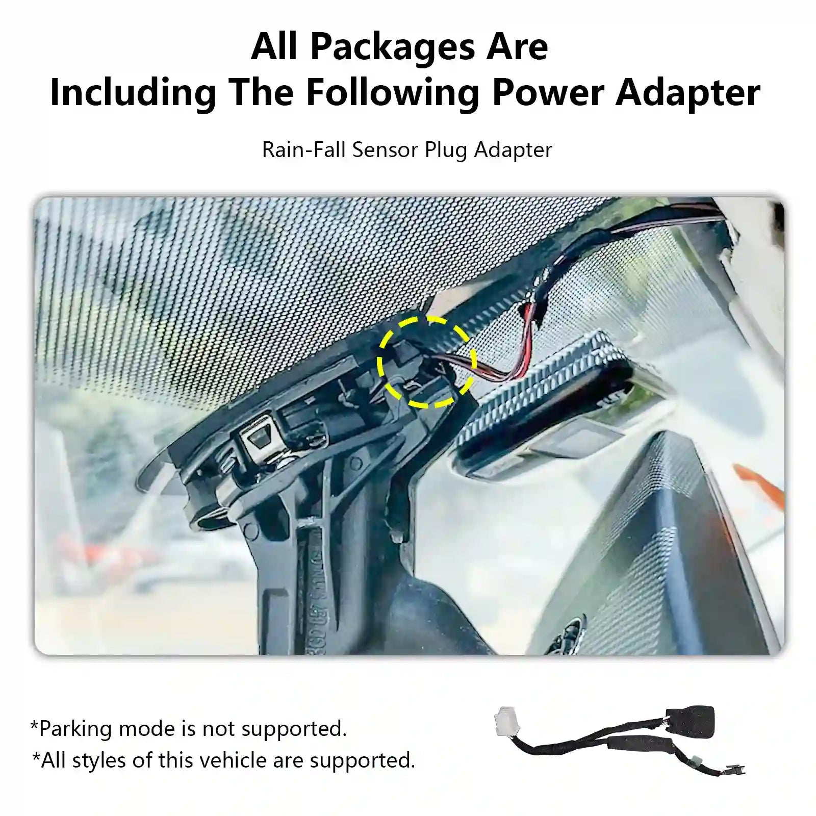 Car sun visor with rain-fall sensor plug adapter and power adapter illustration.