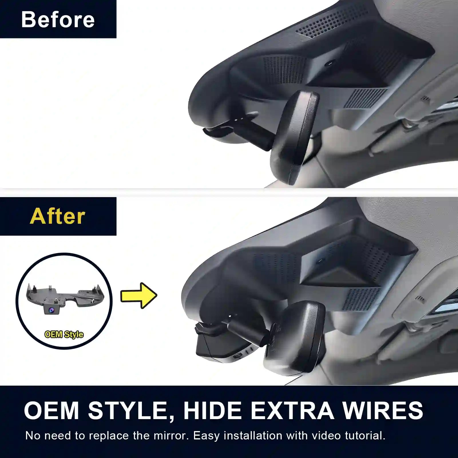 Before and after comparison of a car mirror with additional text and icon.