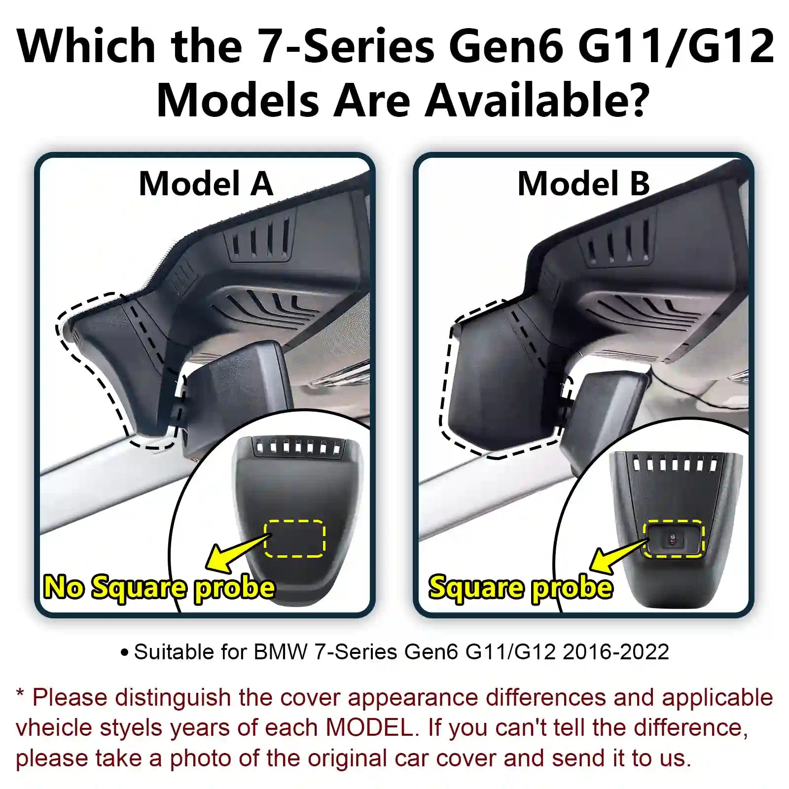 Comparison of car cover models A and B with text explaining differences for BMW 7-Series Gen6 G11/G12.