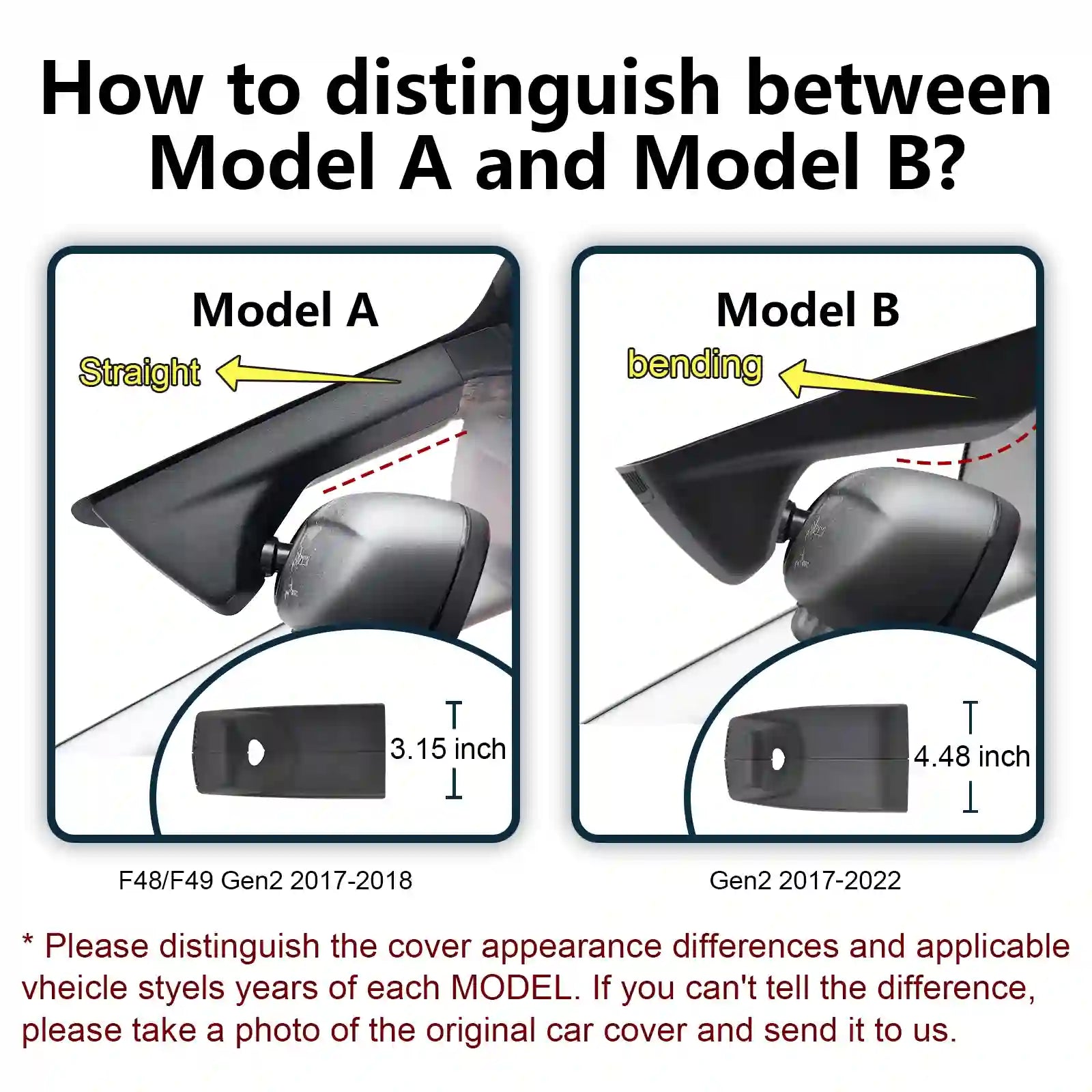 Diagram showing how to distinguish between Model A and Model B car covers with measurements.