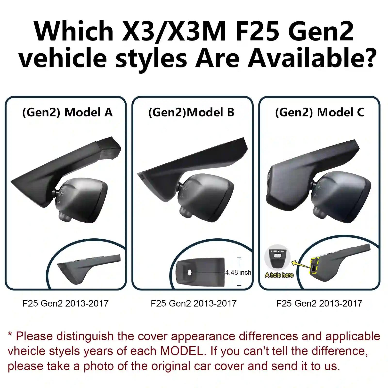 Comparison chart of X3/X3M F25 Gen2 vehicle cover styles with model names and specifications.