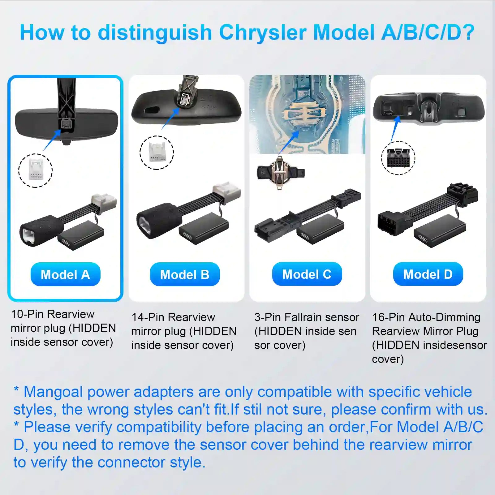 Illustration of different car mirror adapter models with labels for Chrysler vehicles.