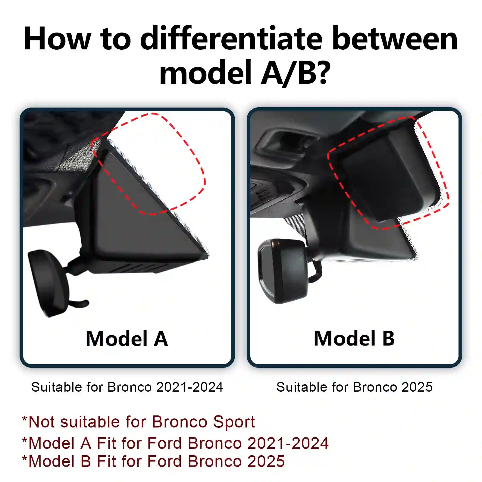 Comparison of Model A and Model B for Ford Bronco with visual differences highlighted.
