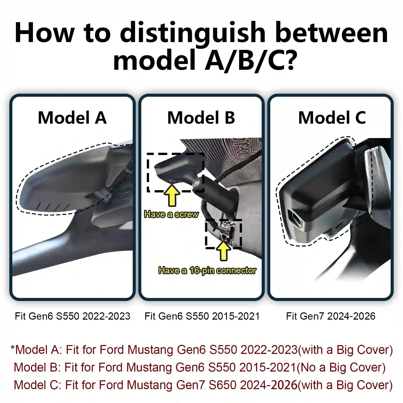 Diagram showing how to distinguish between Ford Mustang Gen6 S550 and Gen7 S650 models.