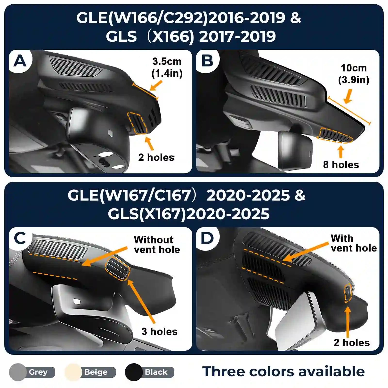 Technical diagram comparing car air vent designs for different Mercedes-Benz models with measurements and color options.