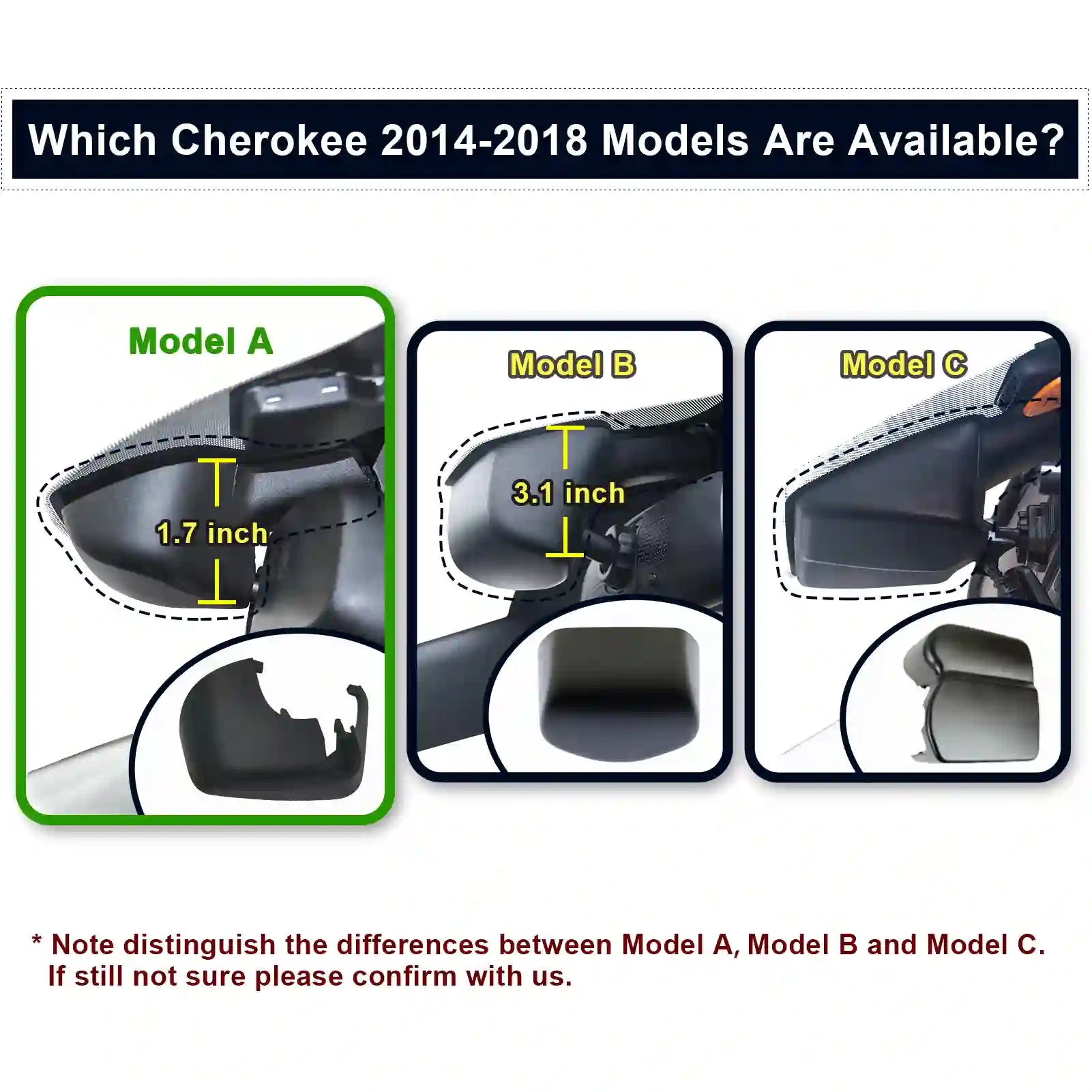 Comparison chart of three car mirror models with measurements for 2014-2018 Cherokee models.