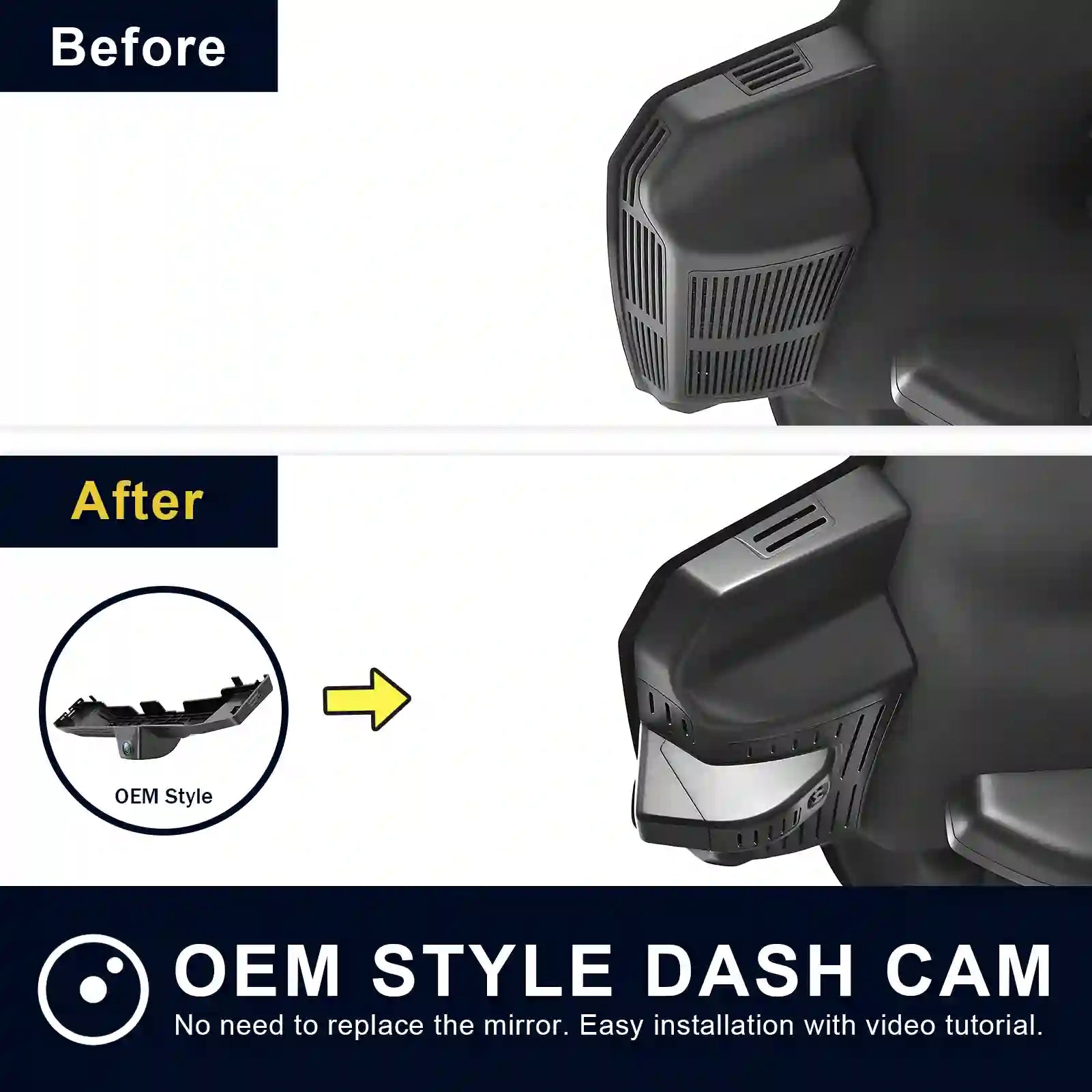 Comparison of a car mirror with and without an OEM style dash cam installation.