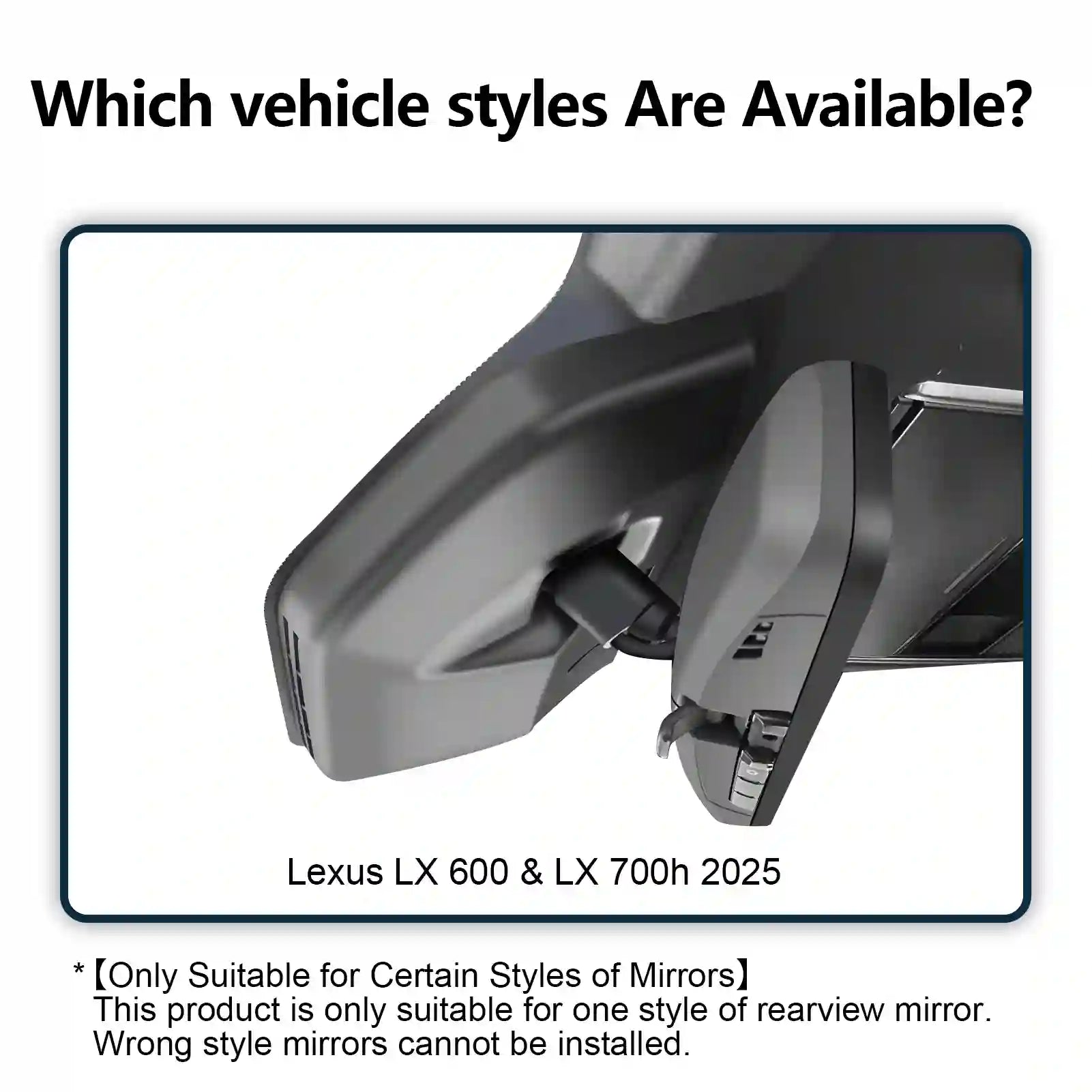 Rearview mirror adapter suitable for Lexus LX700h 2025 with text indicating compatibility.