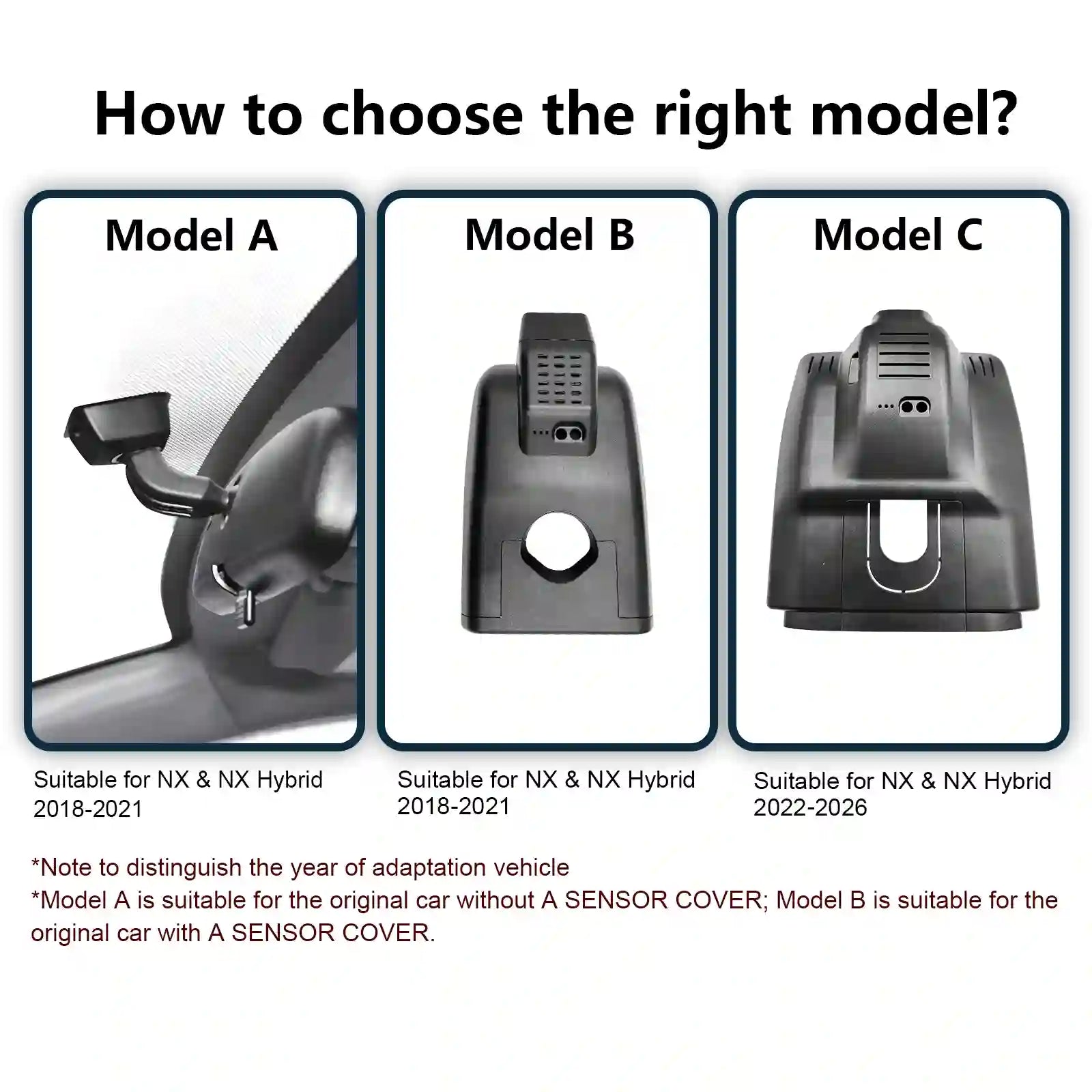 Comparison chart of three car sensor models A, B, and C with specifications for different years.