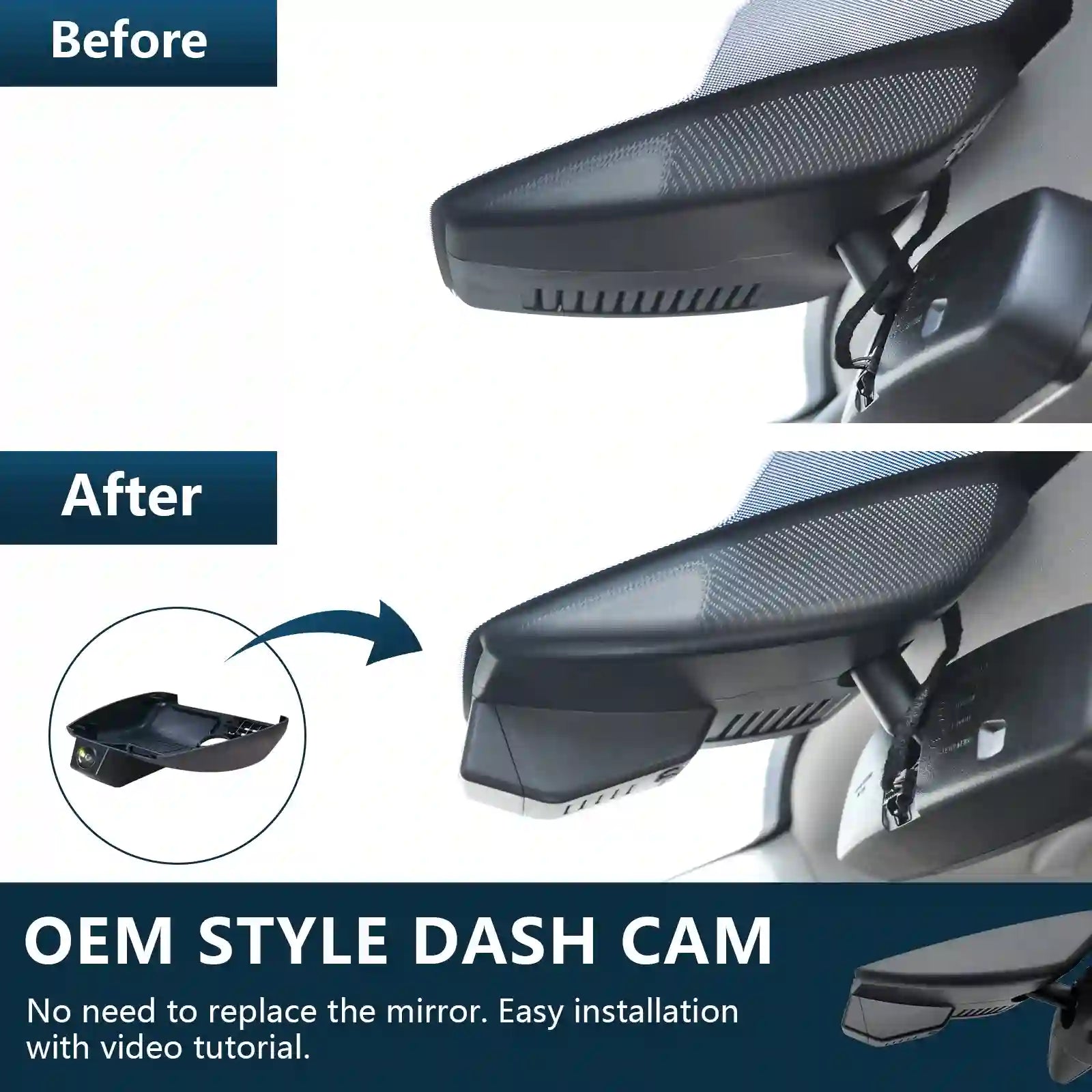 Before and after comparison of a car mirror with an OEM style dash cam installation.