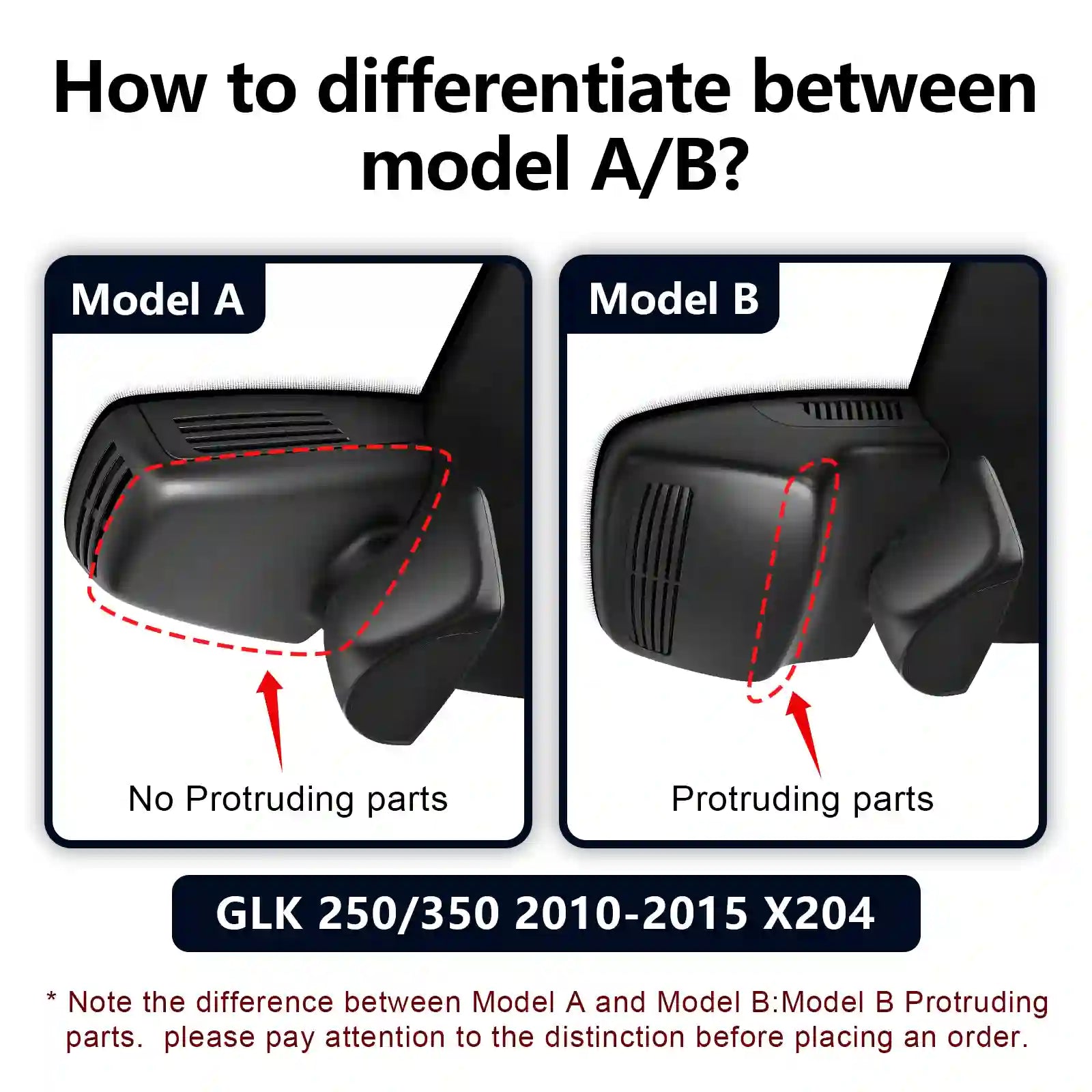 mercedez benz model A/B Black dual camera Comparison of Model A and Model B with highlighted differences on a white background.