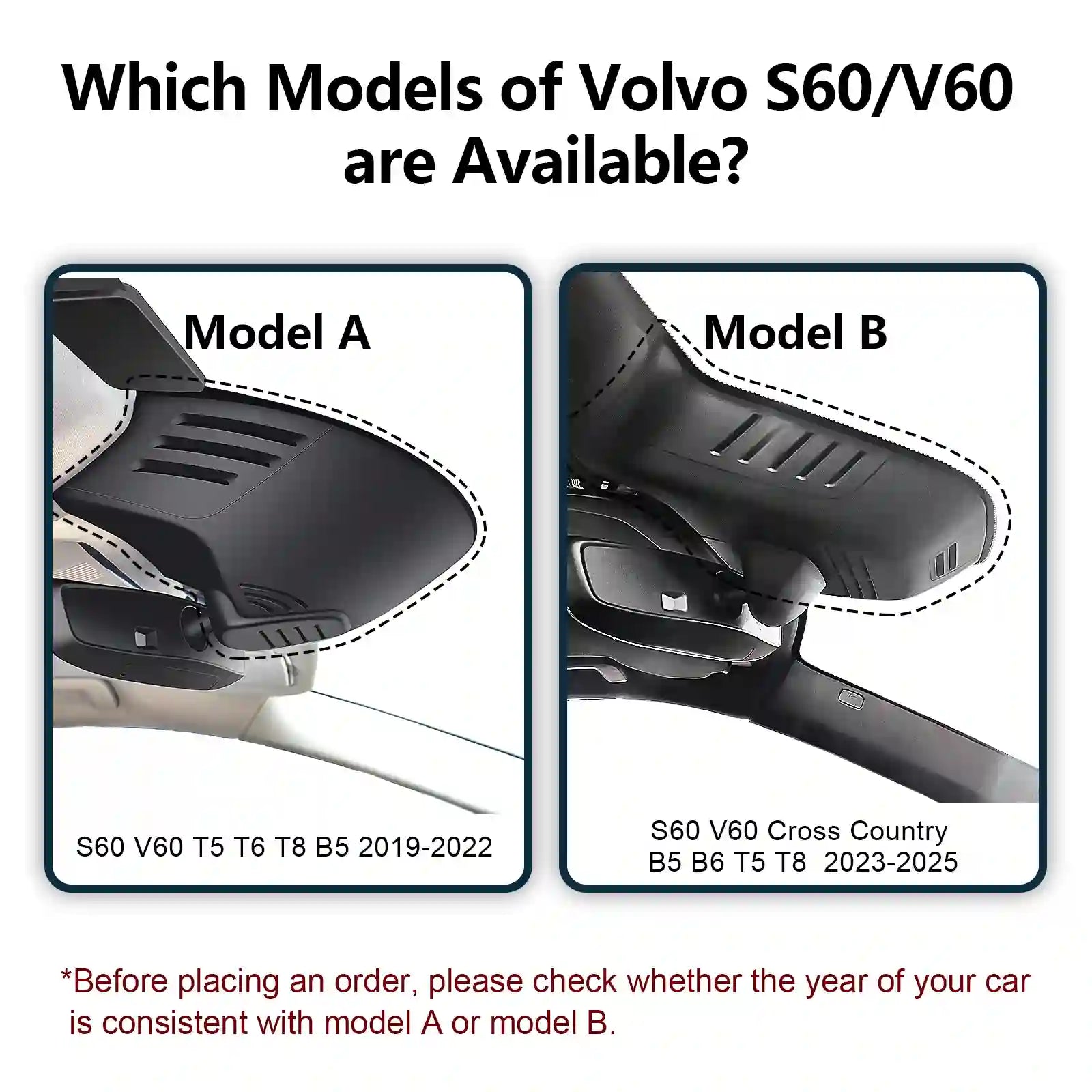 Comparison of Volvo S60/V60 models with text indicating availability years.