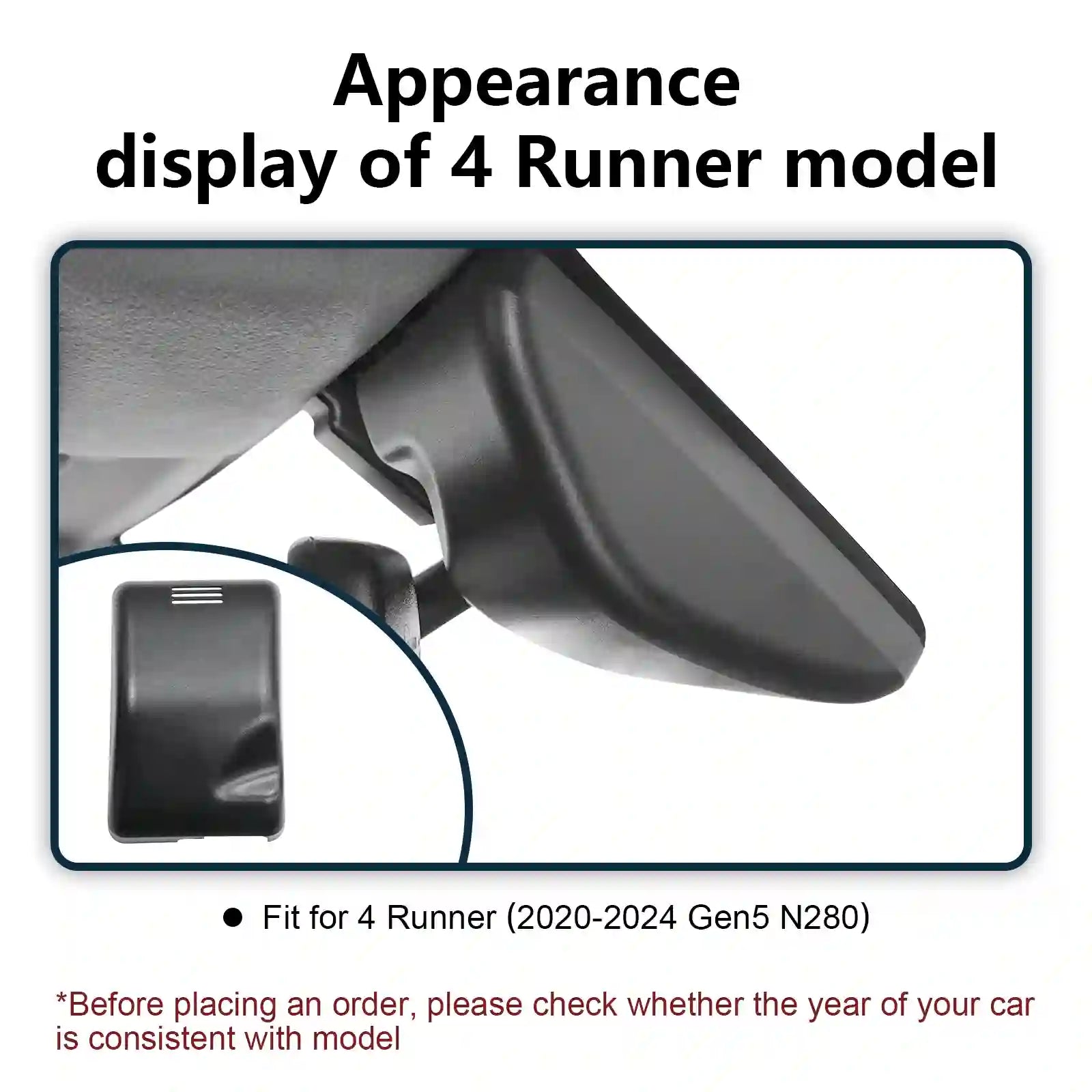 Car mirror with text indicating compatibility for 4 Runner model, year range, and a small inset image.