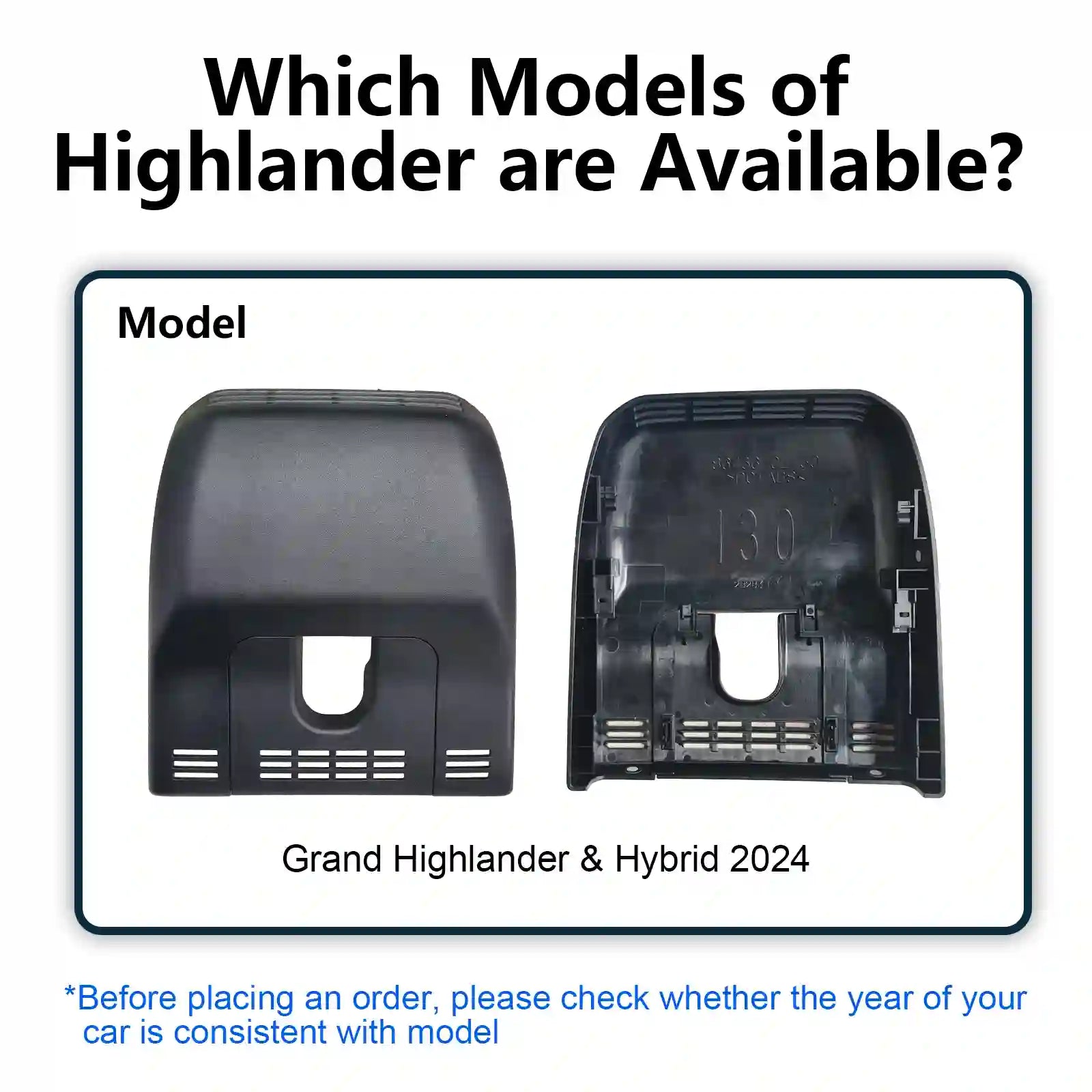 Two car interior parts with text indicating available models for Grand Highlander & Hybrid 2024. For mangoal tech dash camera