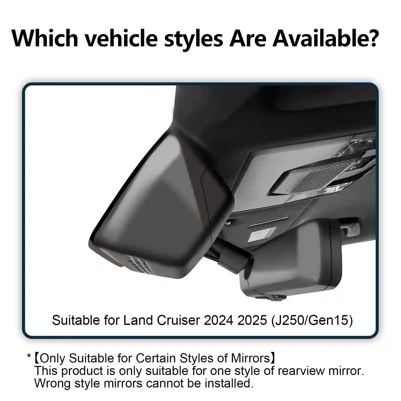 Rearview mirror suitable for Land Cruiser 2024-2025 with text indicating compatibility.