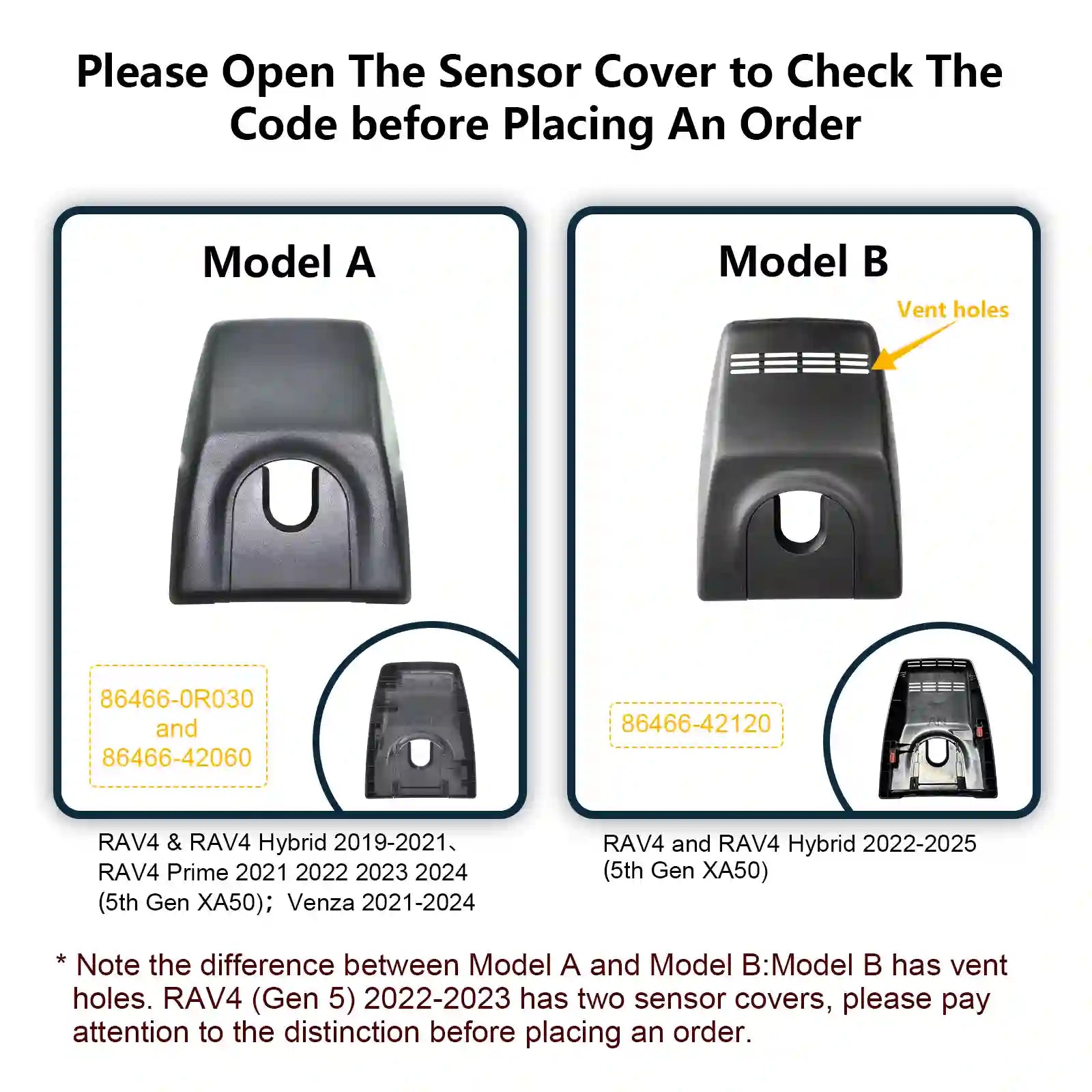 Two sensor cover models for Toyota RAV4 vehicles with text instructions on how to check the code.