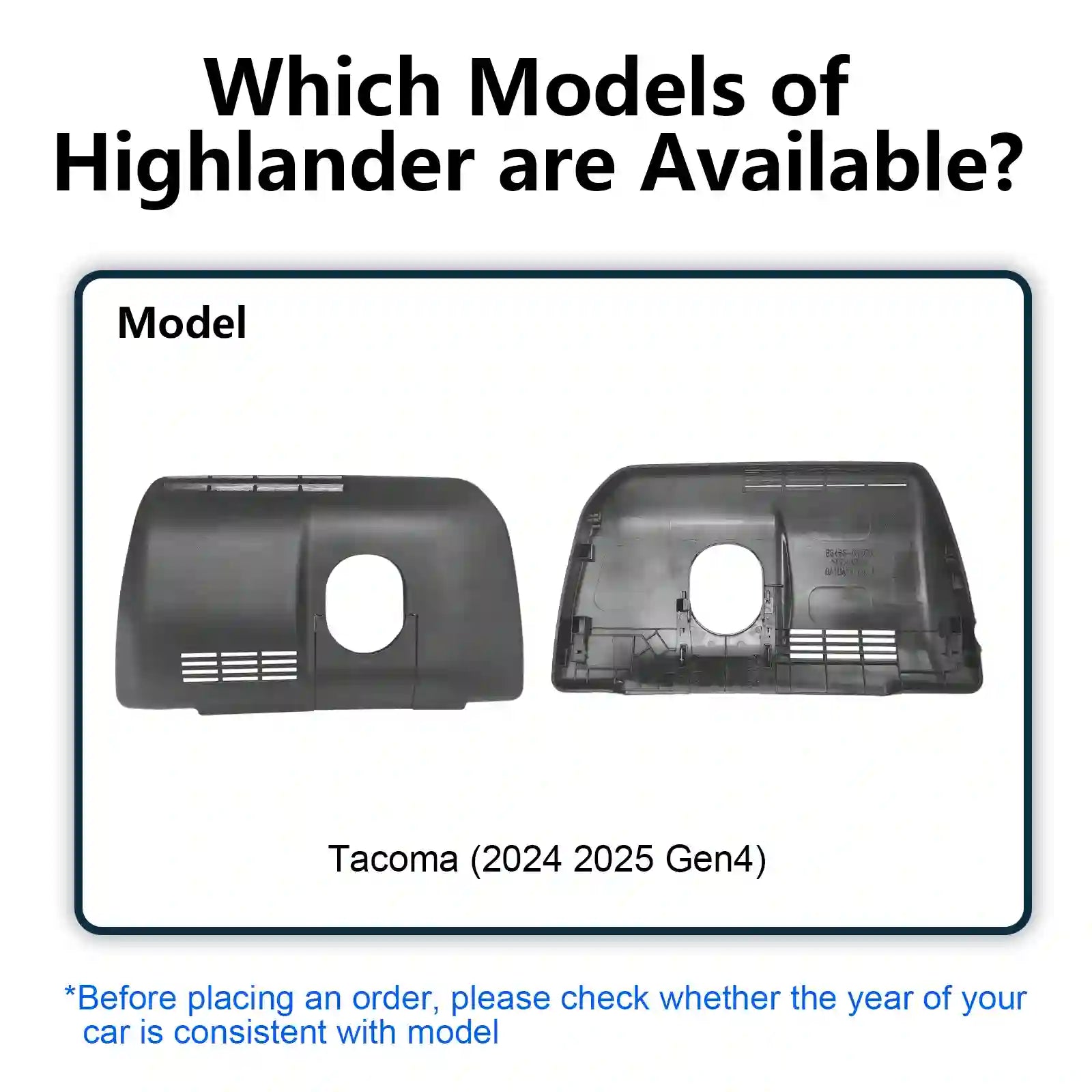 Two car dashboard covers with text about available Highlander models and Tacoma compatibility.