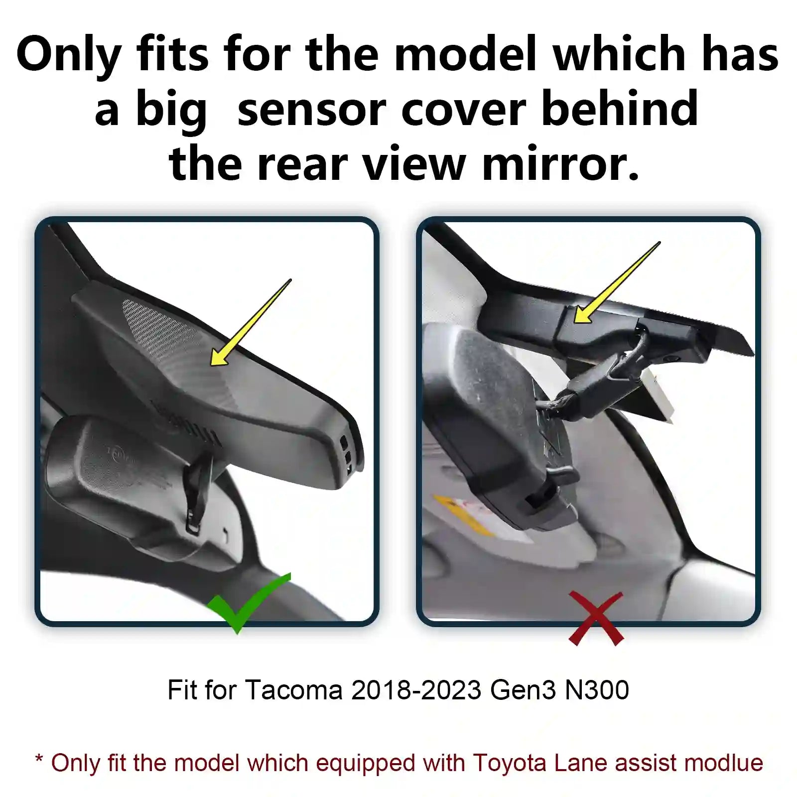 Instructions on how to fit a sensor cover for a vehicle's rear view mirror, with text and diagrams indicating compatibility.