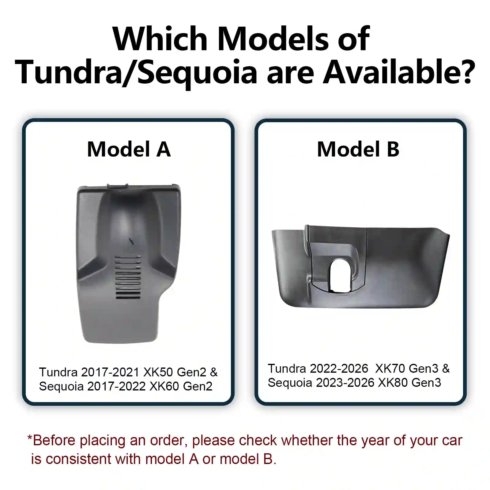 Two models of car parts labeled A and B with compatibility information for Tundra and Sequoia vehicles. For mangoal tech dash camera