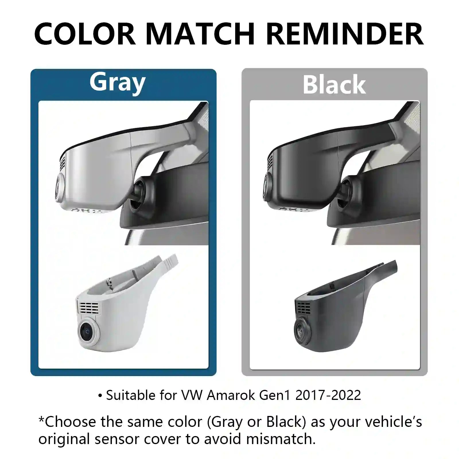 Color match reminder for VW Amarok Gen1 sensor covers with gray and black options.