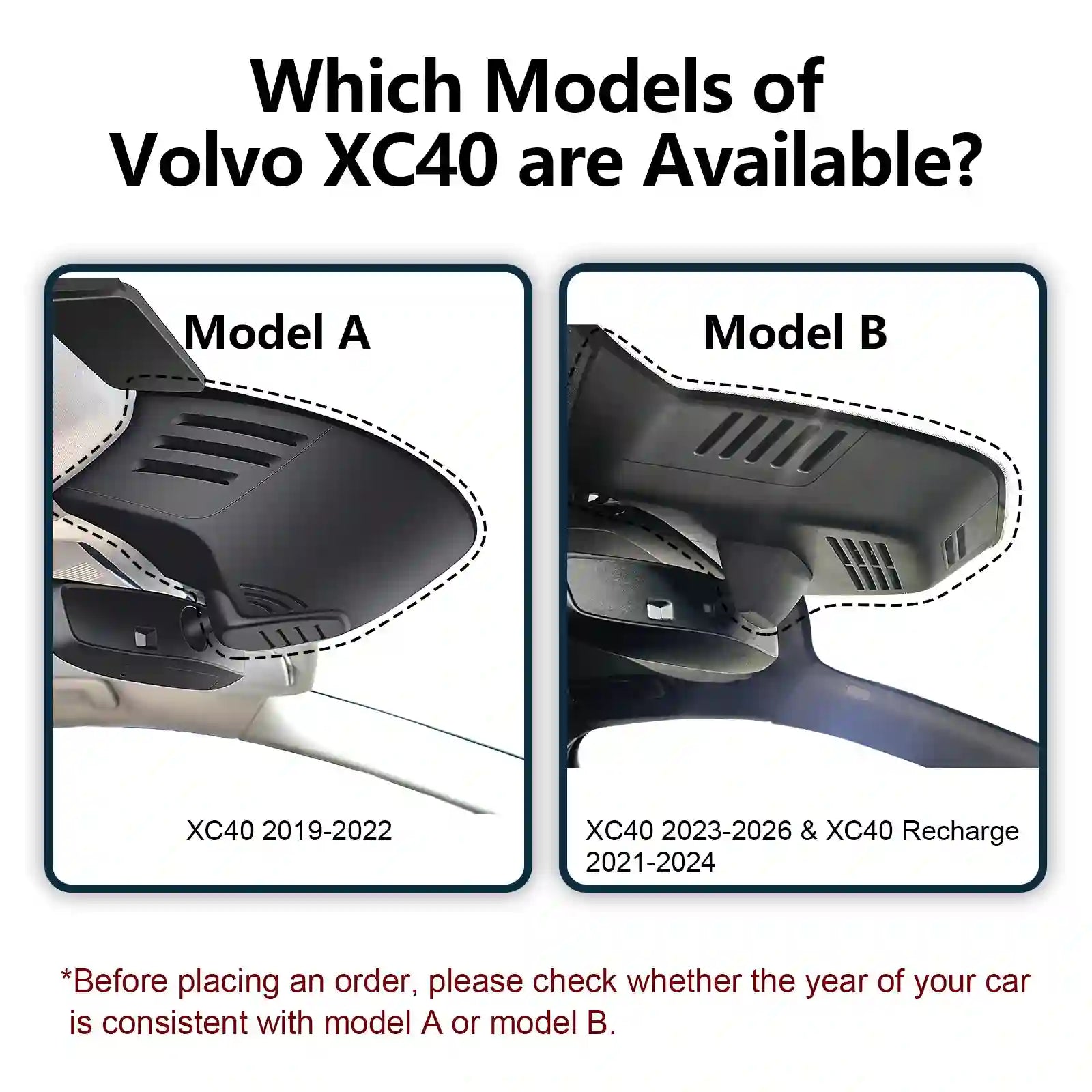 Comparison of Volvo XC40 models A and B with text indicating model years.