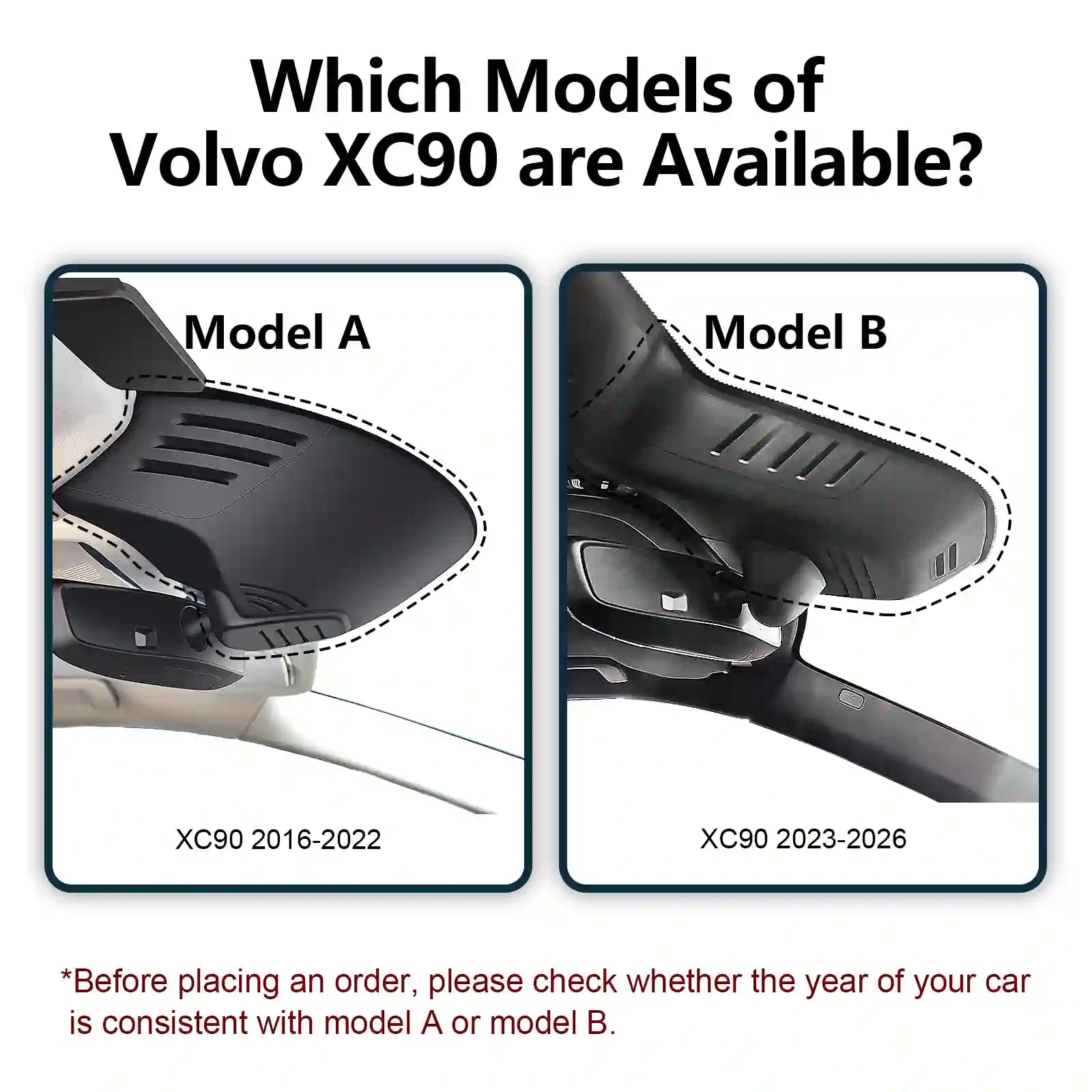 Comparison of Volvo XC90 models A and B with text indicating model years.
